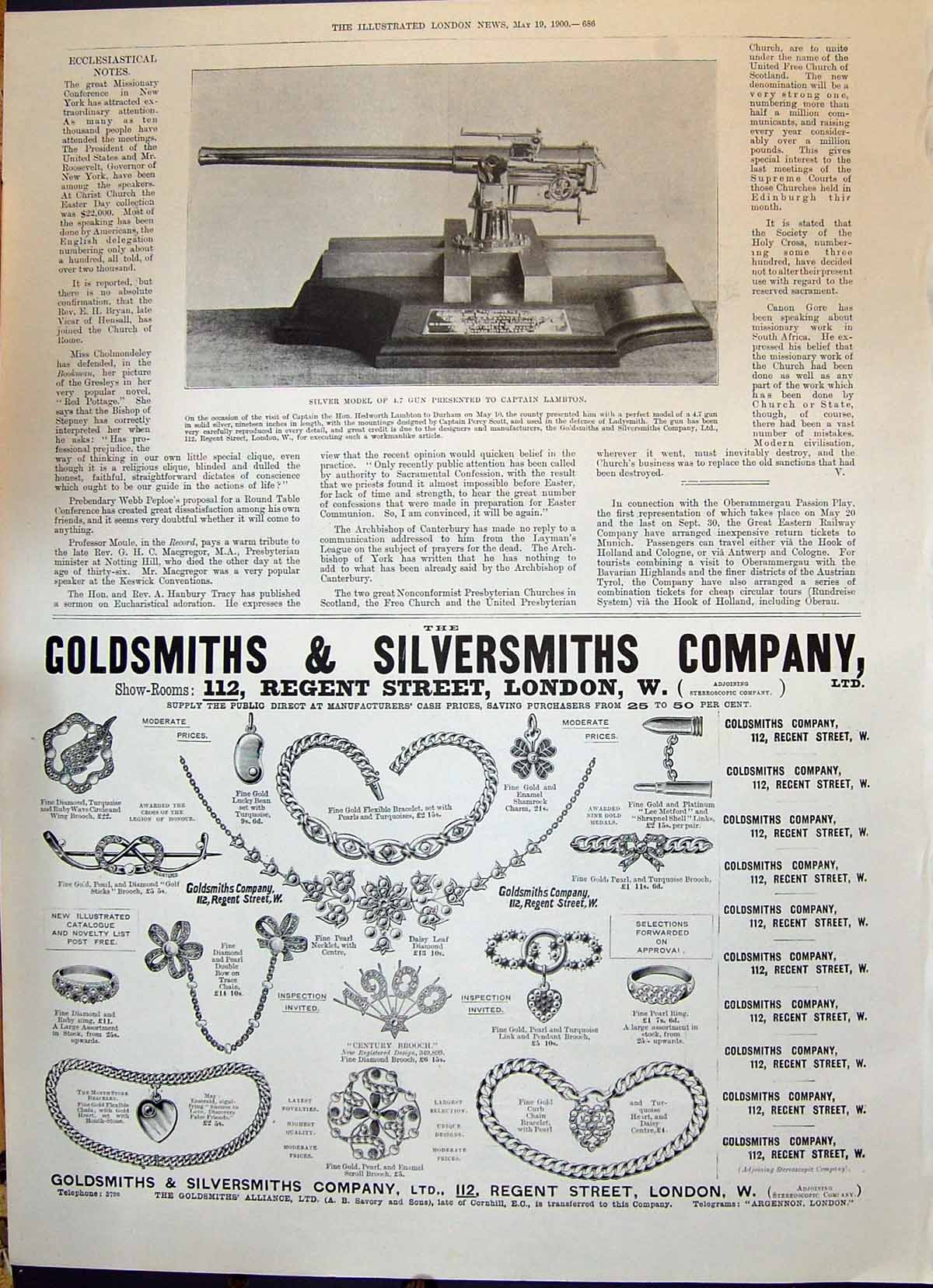 Old Print 1900 Silver Model Gun Presented Captain Hedworth Lambton Gsmit 20th