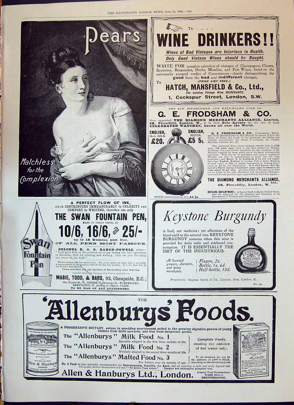 Old Print 1900 Pears Soap Frodsham Allenburys Food Ladies Fashion C.I.V. 20th