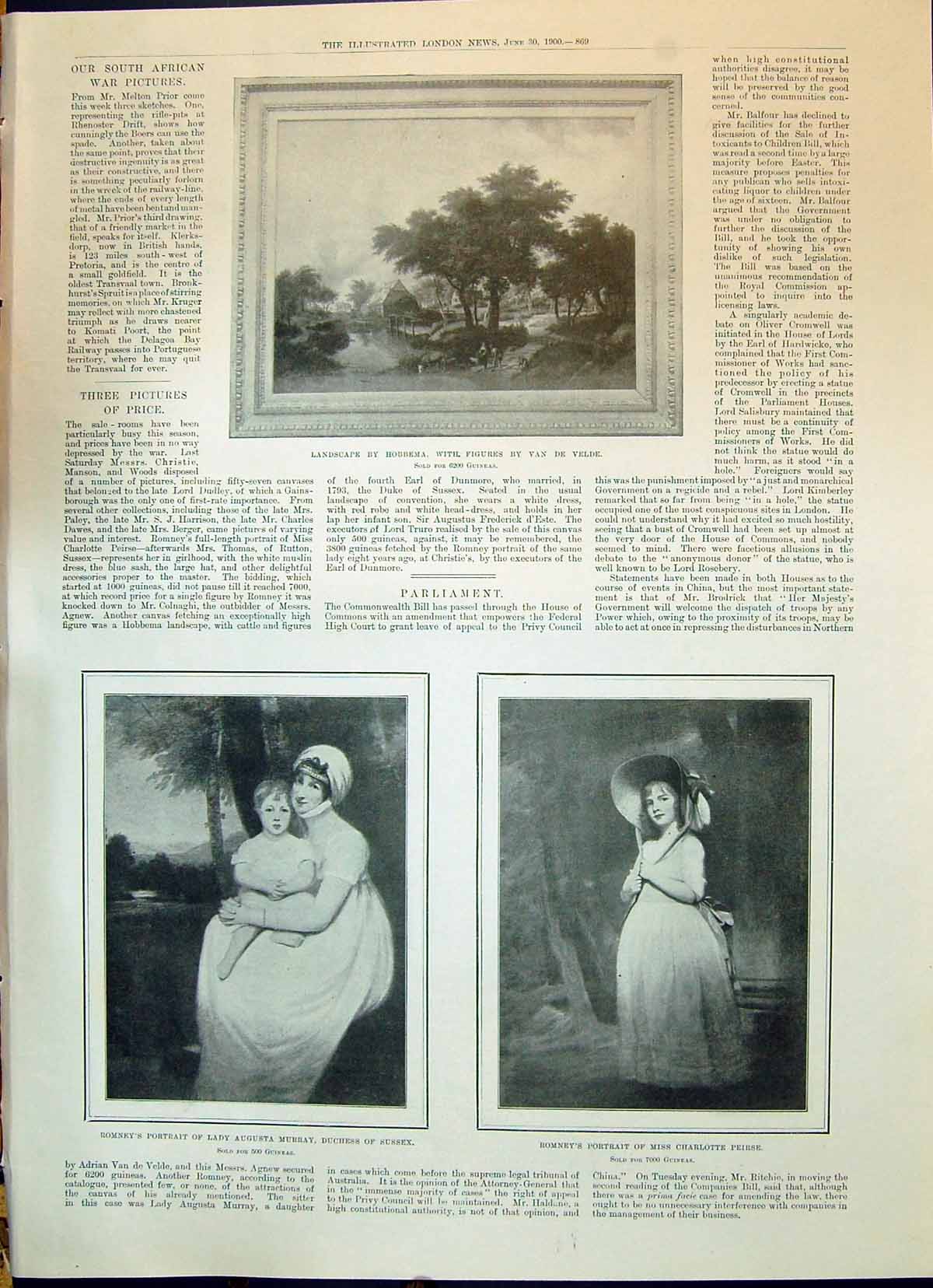 Old 1900 Art Landscape Hobbema Velde Lady Murray Sussex Peirse Braban Victorian