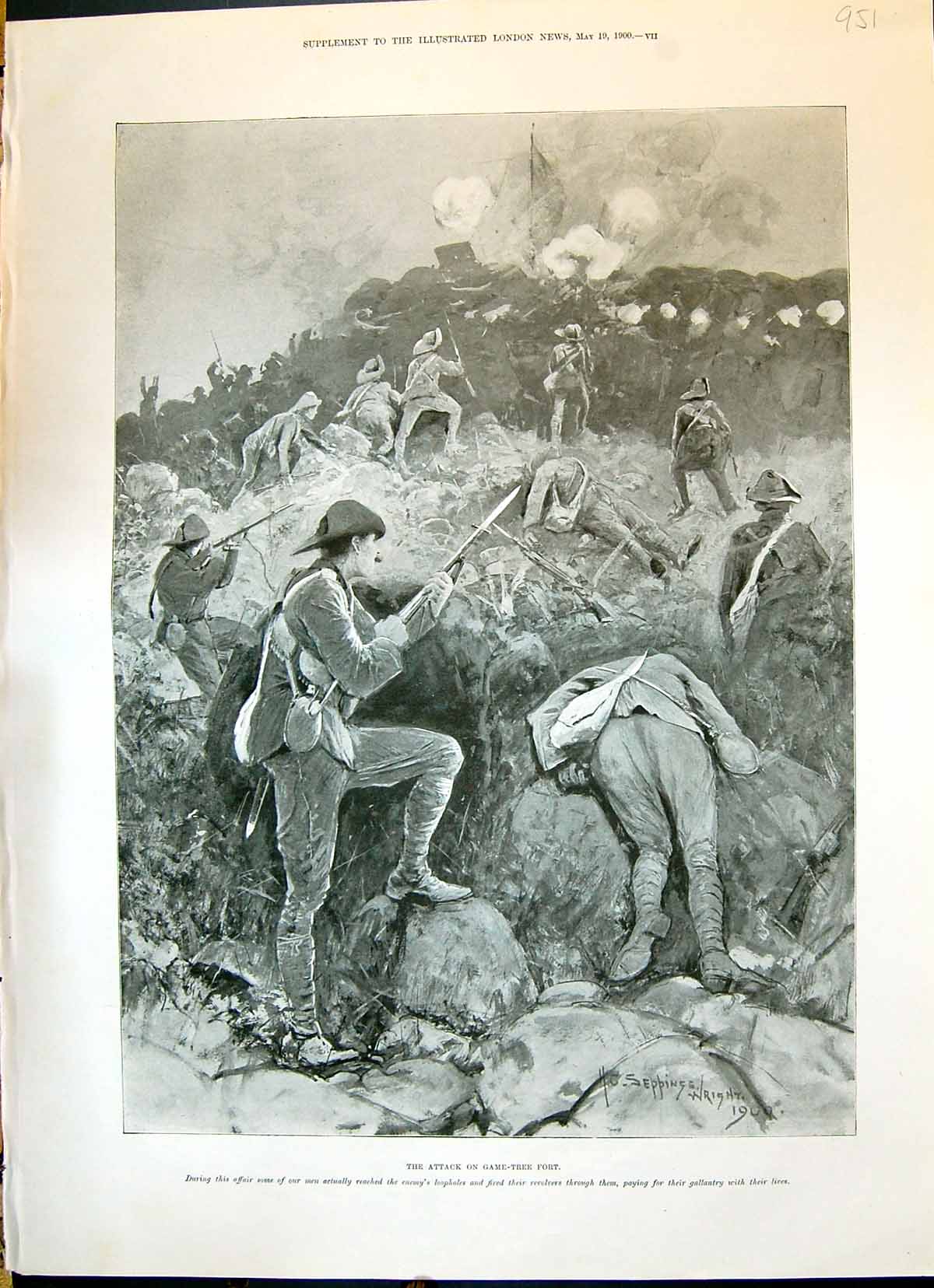 Original Old Antique Print 1900 War Siers Attack Game-Tree Fort Seppings Wright