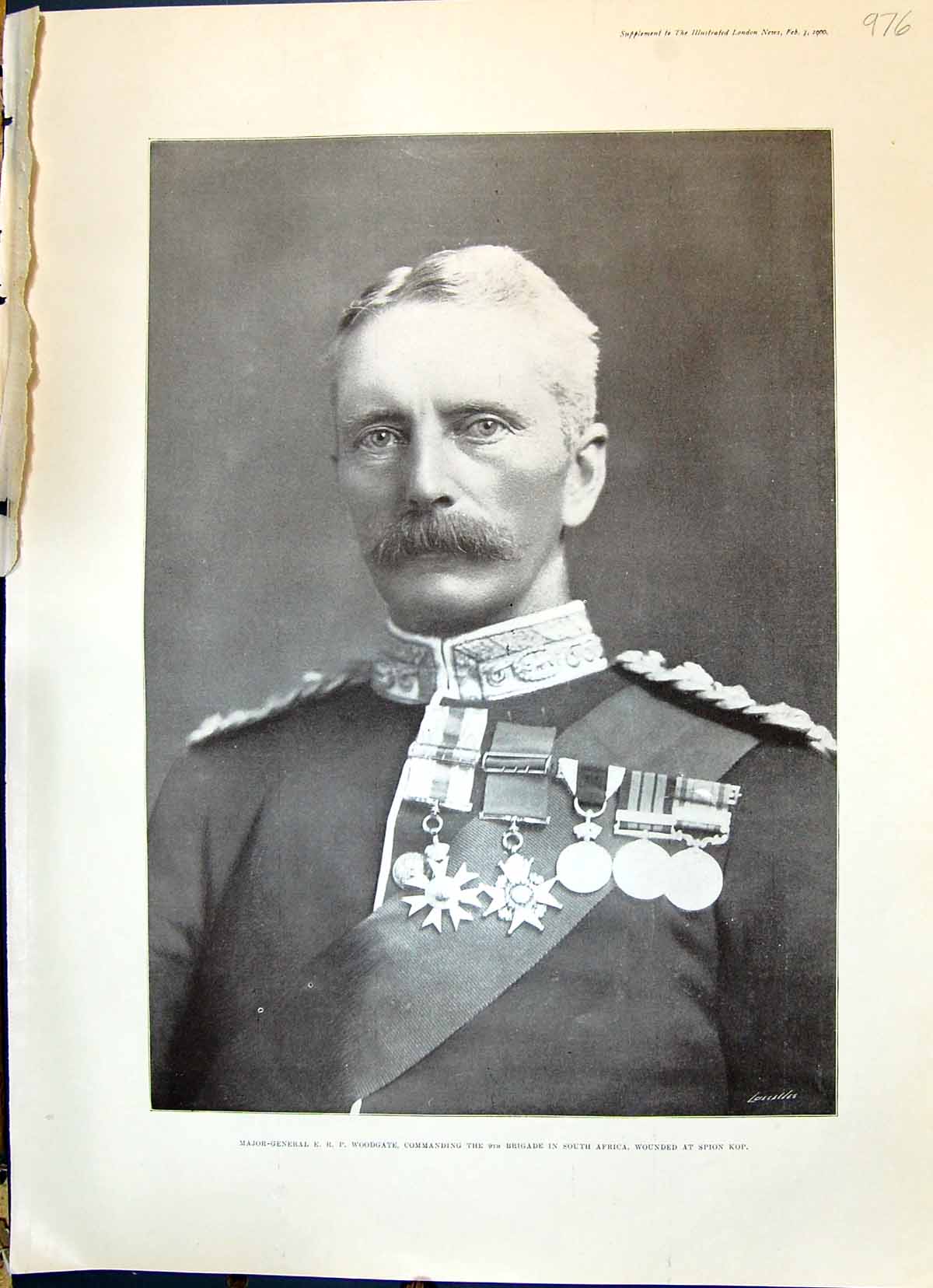 Old Print 1900 Major-General Woodgate Commanding Brigade Africa Spion Kop 20th