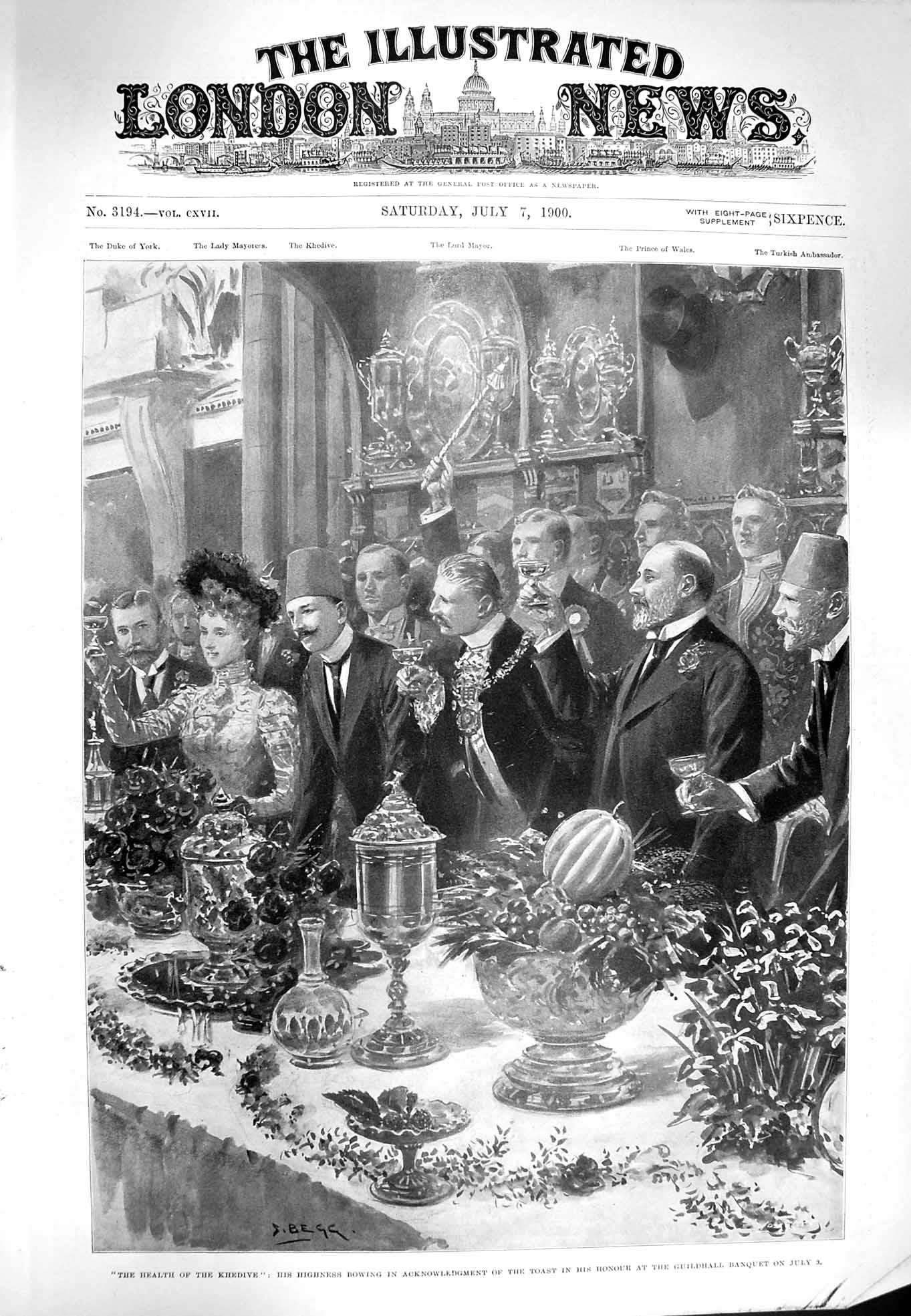 Original Old Antique Print 1900 Toasting Health Khedive Guildhall Banquet Begg