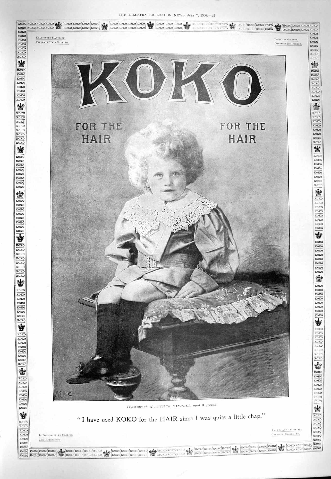 Original Old Antique Print 1900 Advertisement Koko Hair Prince Wales Infirmary