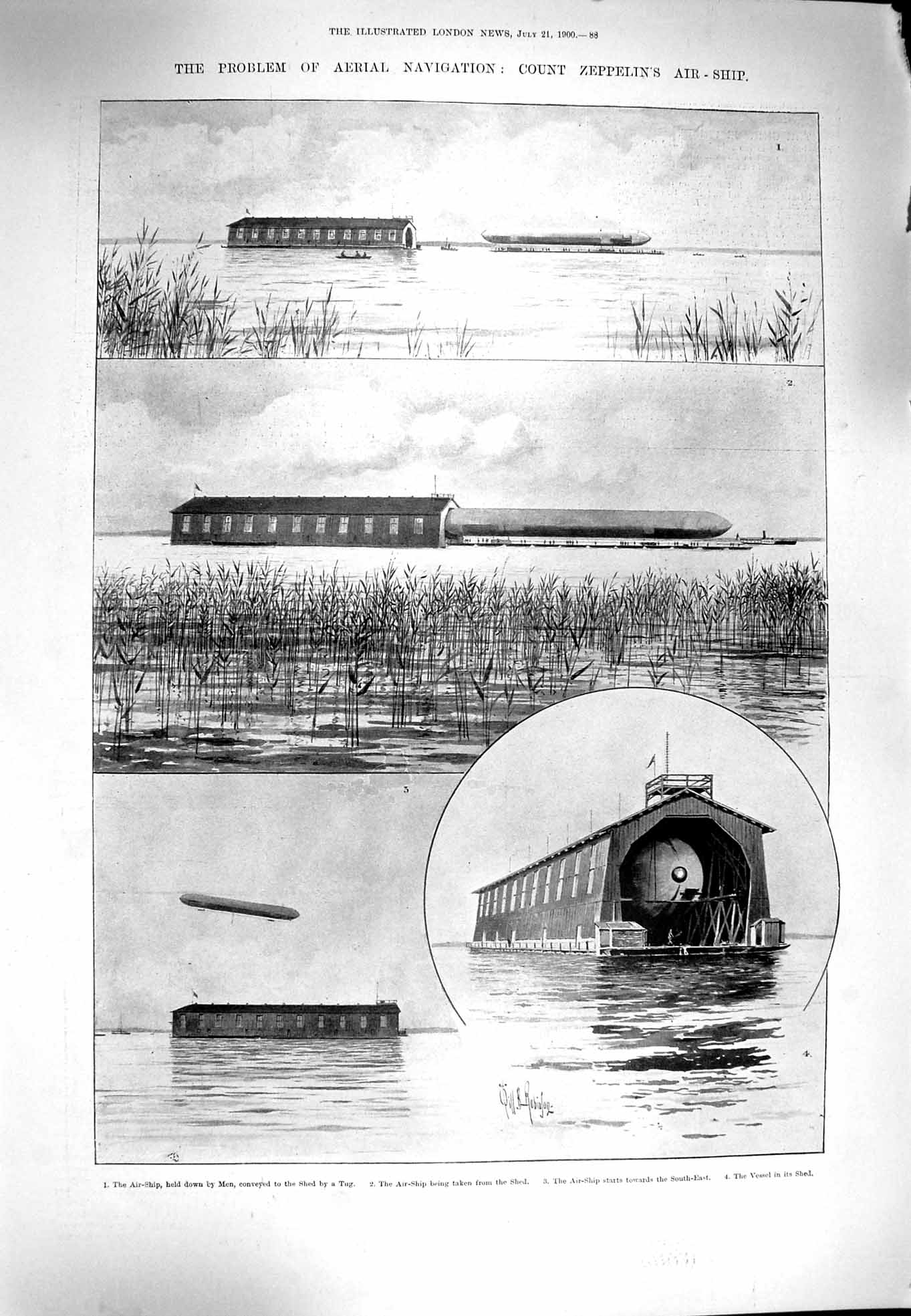 Original Old Antique Print 1900 Aerial Navigation Count Zeppelin Air Ship China