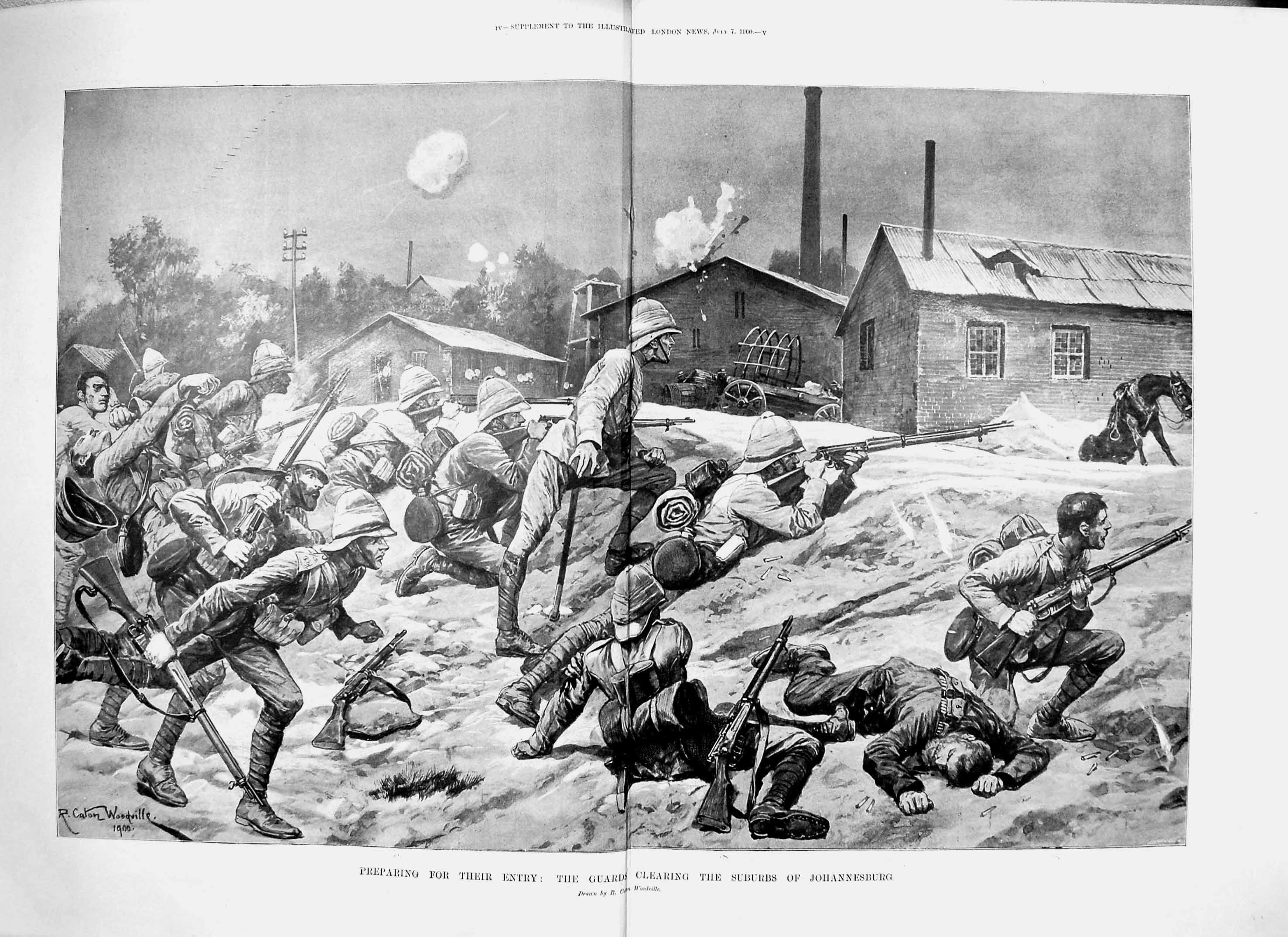 Original Old Antique Print 1900 Guards Siers Clearing Suburbs Johannesburg War