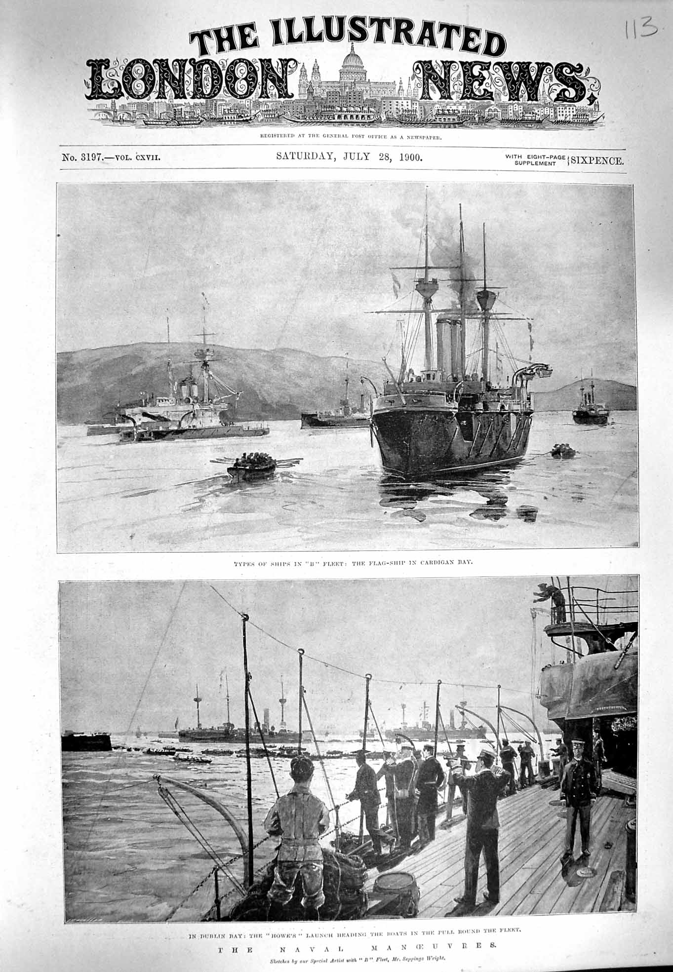 Original Old Antique Print 1900 Flag Ship Cardigan Bay Navy Dublin Howe Sailors
