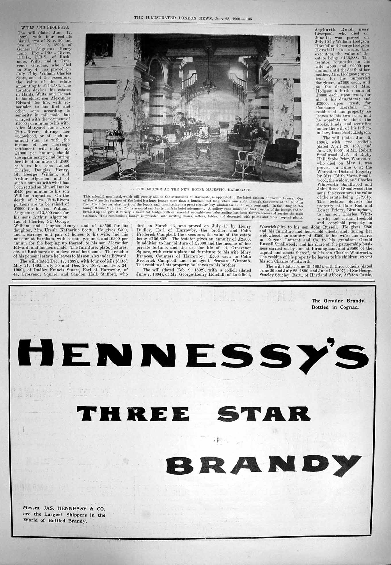 Old Antique Print 1900 Lounge Ne Hotel Majestic Harrogate Hennessy Brandy 20th