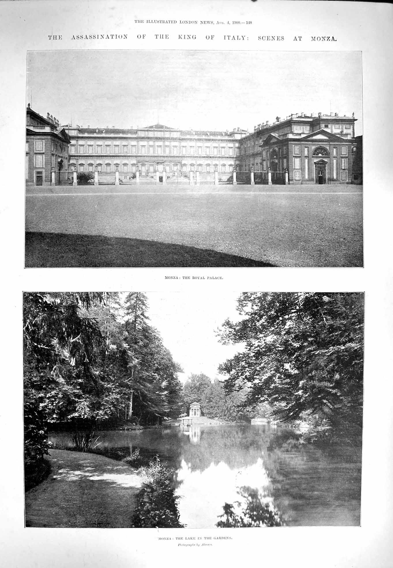 Original Old Antique Print 1900 Monza Royal Palace Lake Gardens King Italy 20th