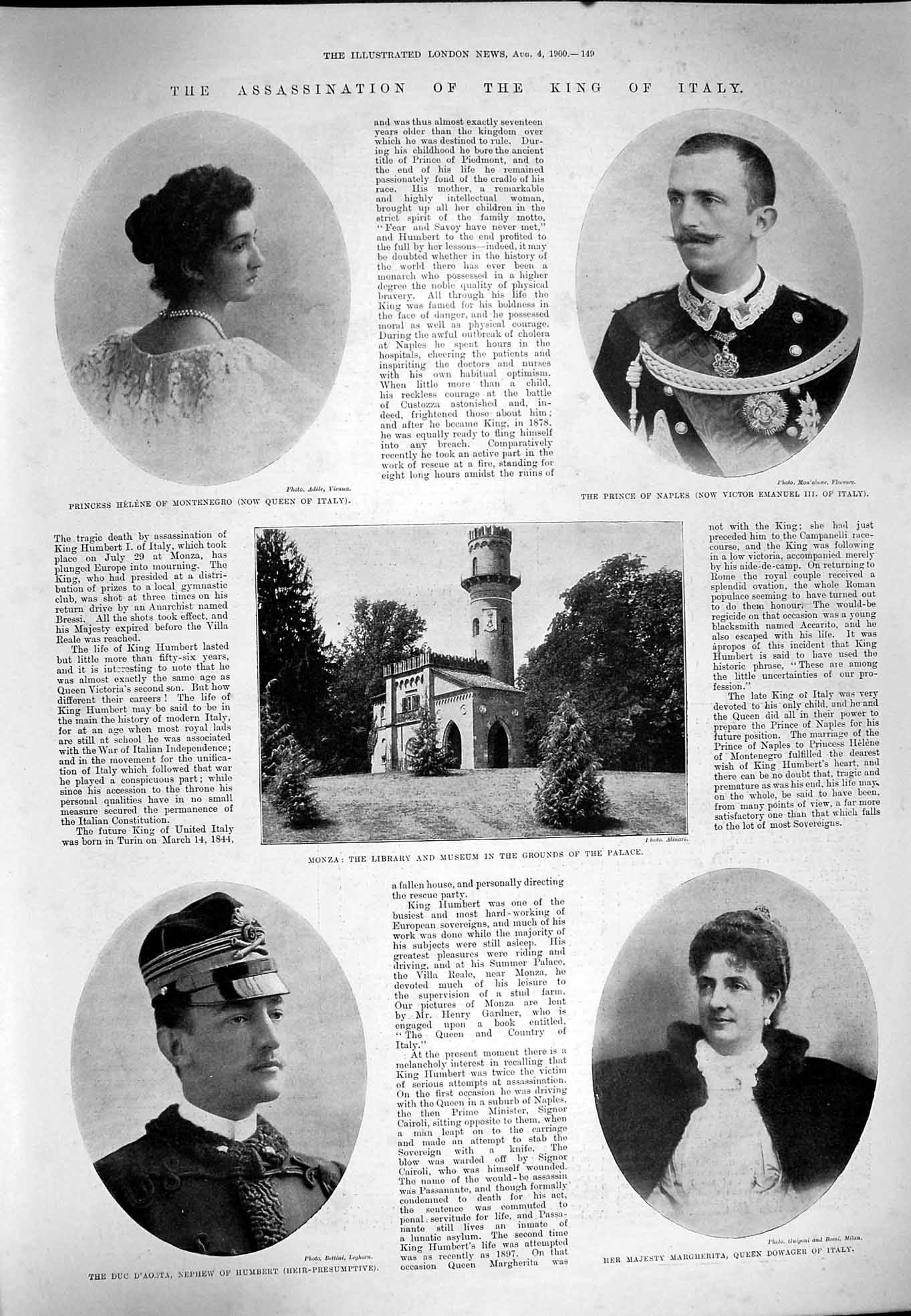 Old Antique Print 1900 King Italt Helene D'Aosta Monza Naples Lady Wilson 20th