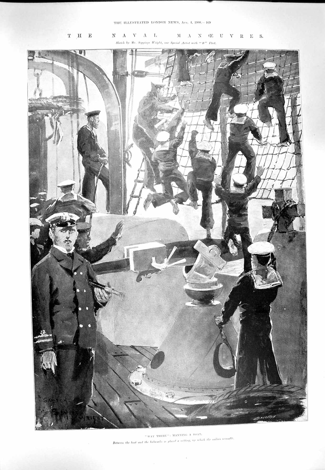 Original Old Antique Print 1900 Navy Manoeuvres Sailors Manning Boat War Ship