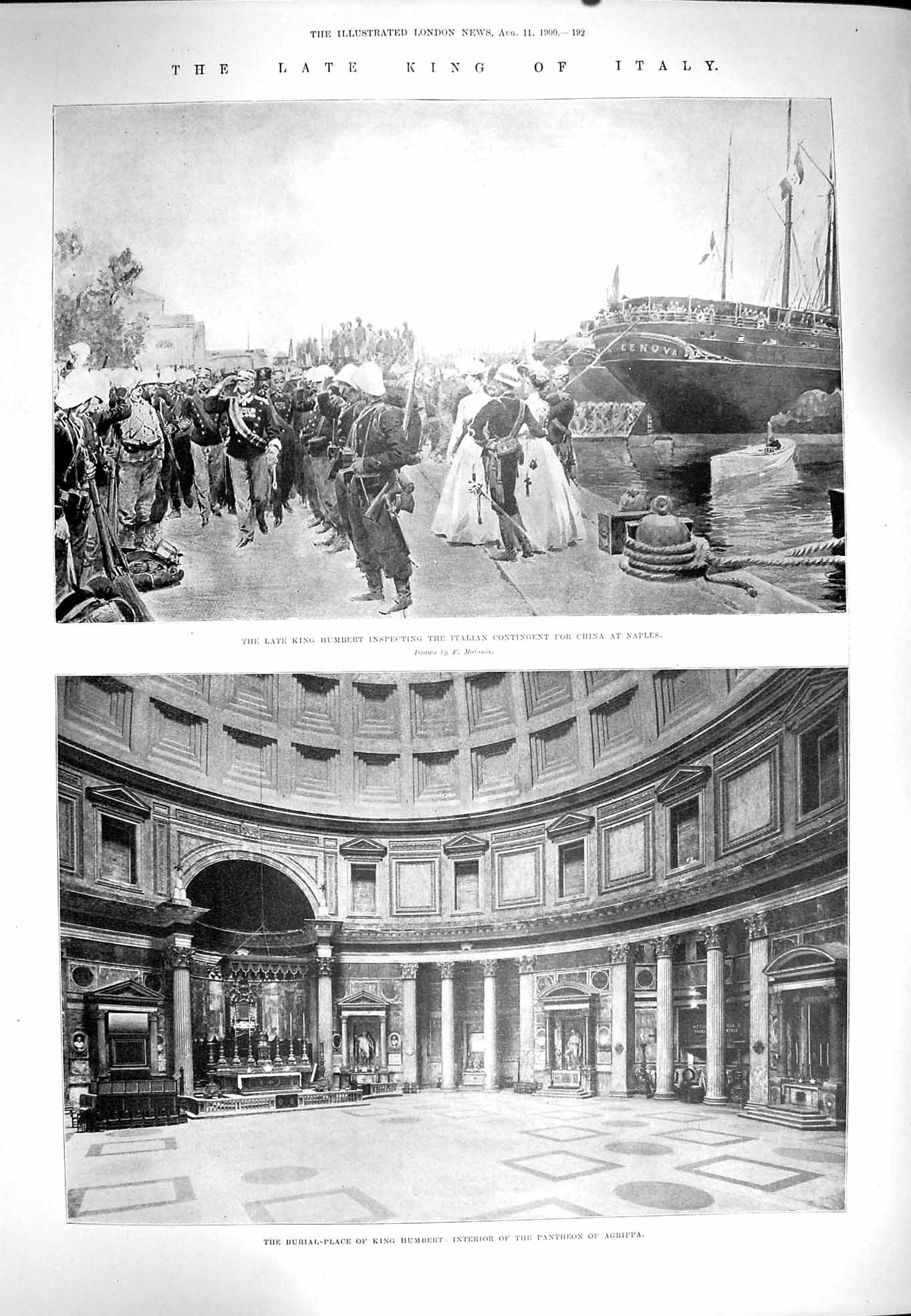 Original Old Antique Print 1900 King Italy Humbert Pantheon Agrippa Naples Ship