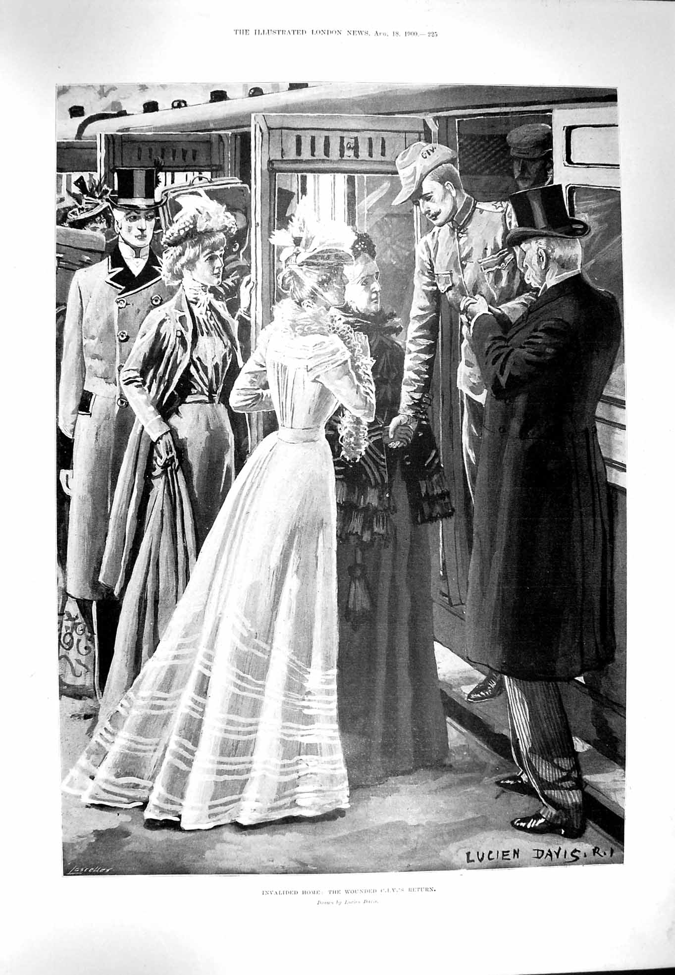 Original Old Antique Print 1900 Wounded C.I.V.'S Return Home Railway Train War