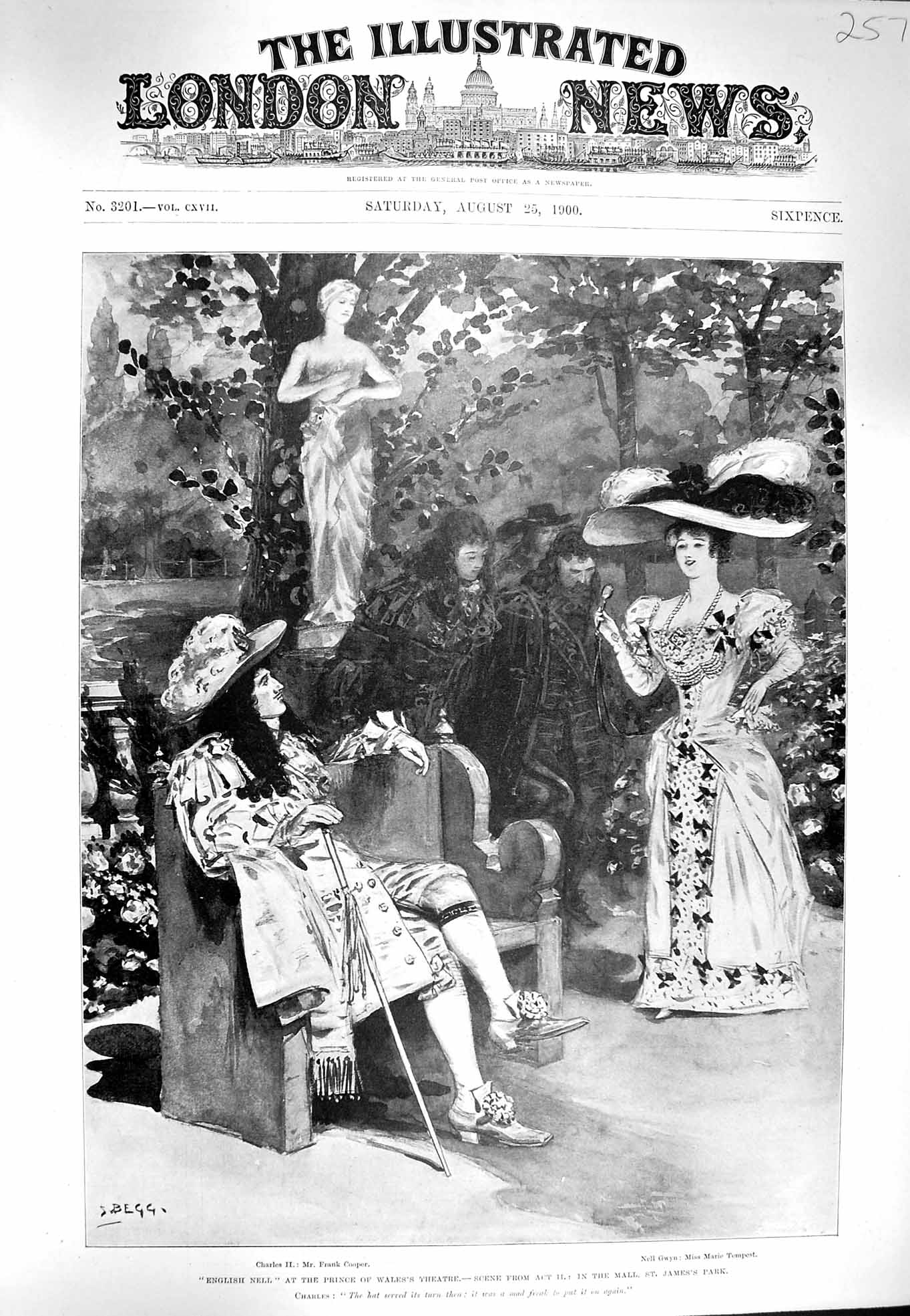 Original Old Antique Print 1900 Prince Wales Theatre James'S Park English Nell