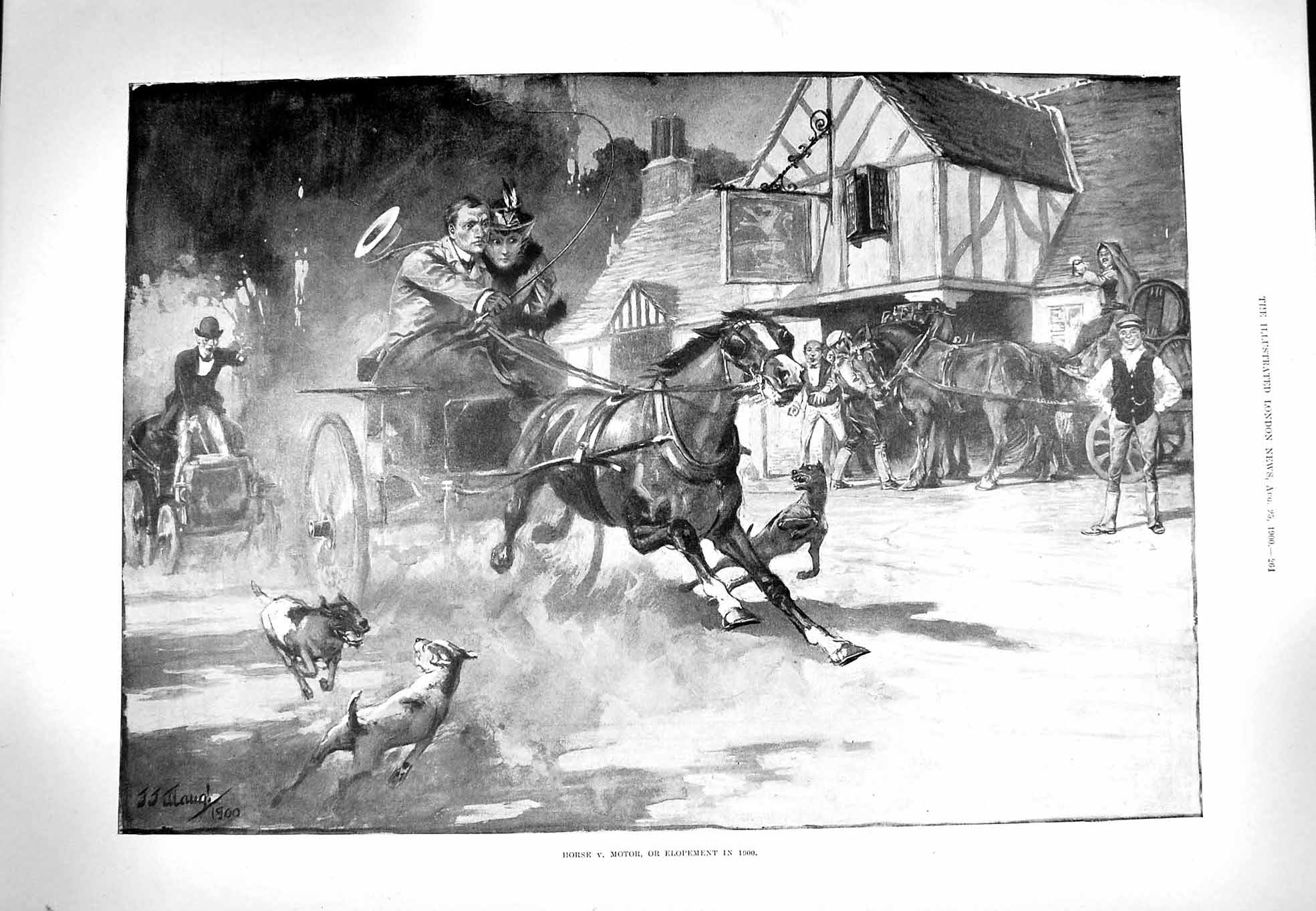 Old Antique Print 1900 Horse Motor Car Elopement Aquitaine Ship Mahon War 20th