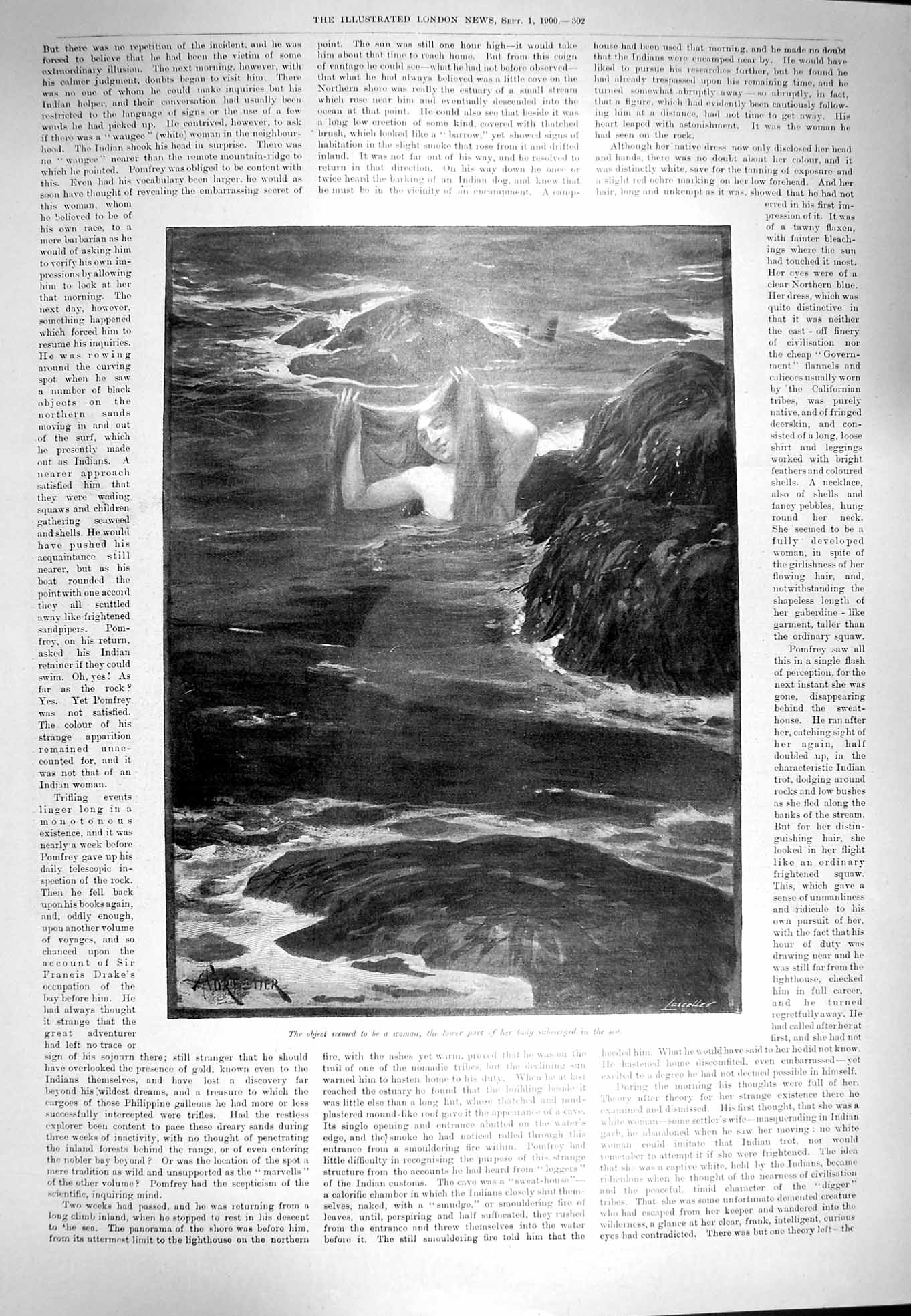 Original Old Antique Print 1900 Woman Lighthouse Point Sea Rocks Forestier 20th