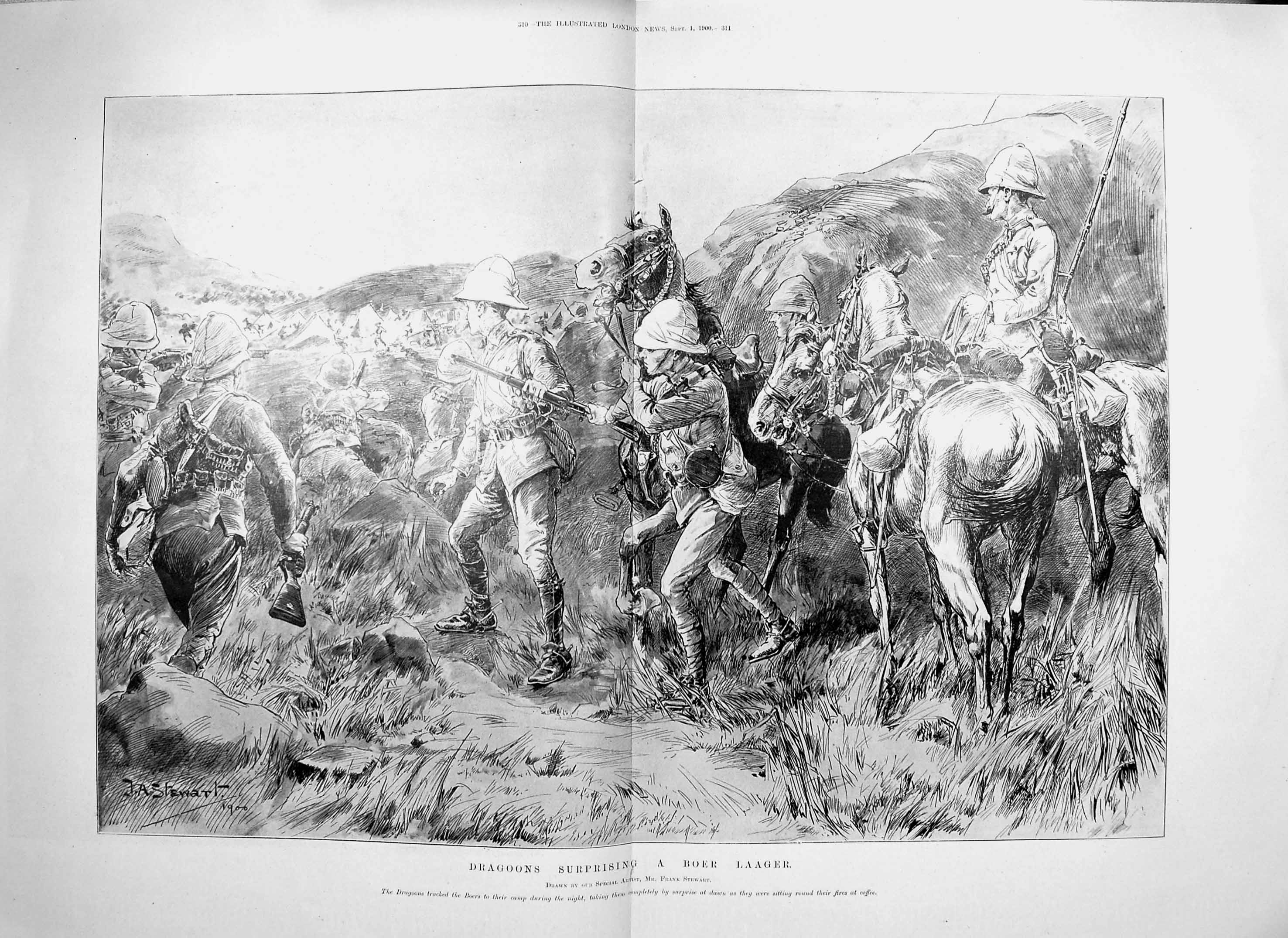 Original Old Antique Print 1900 Dragoons Boer Laager Siers War Horses 20th