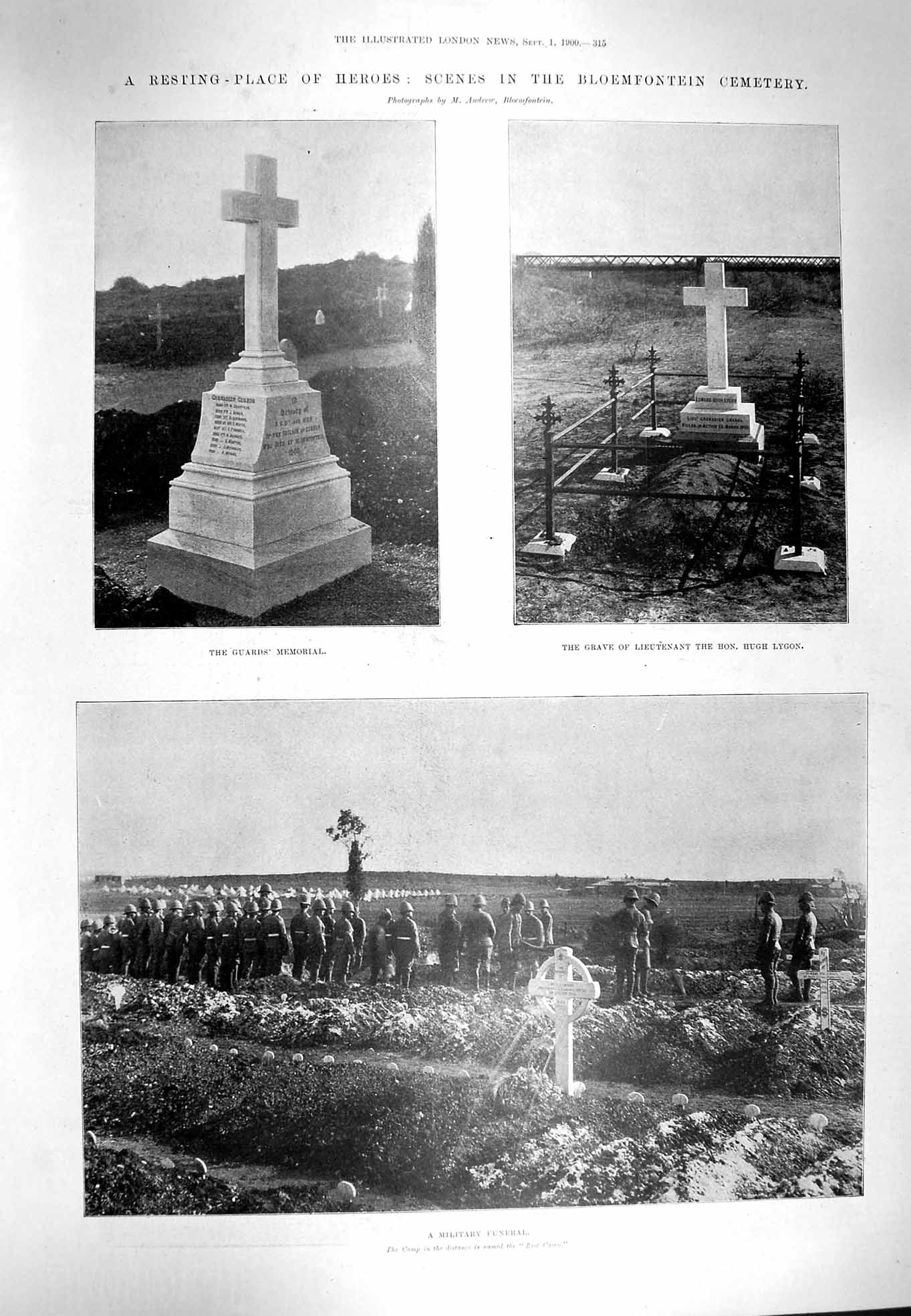 Original Old Antique Print 1900 Bloemfontein Cemetery Lygon Thomas Faed Artist