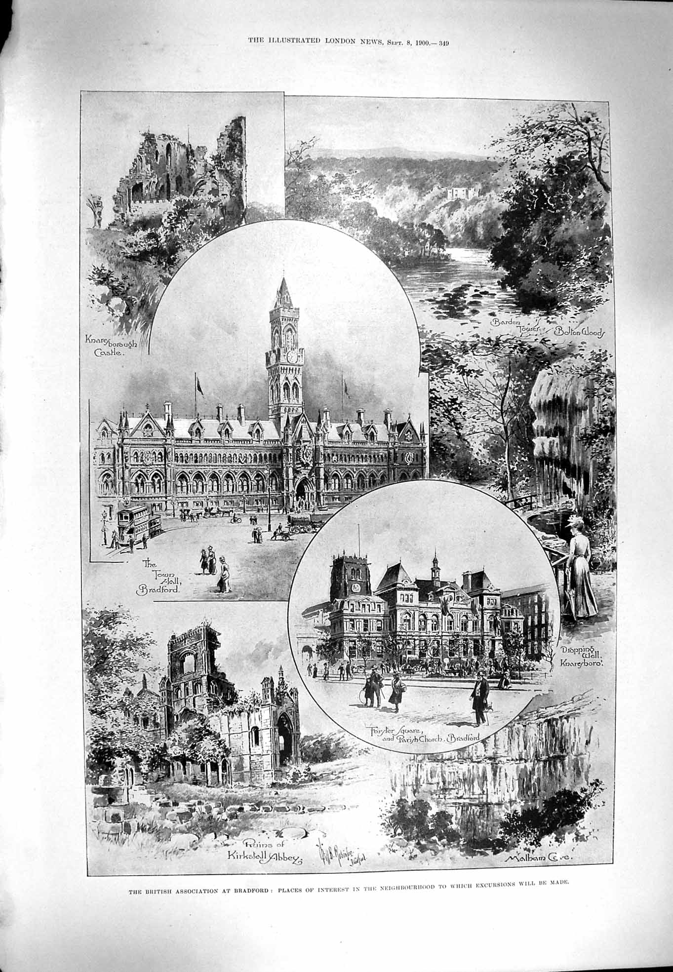 Original Old Antique Print 1900 Bradford Kirkstall Abbey Church Castle Barden