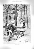Original Old Antique Print 1900 Children Playing Trees Man Hat Exchange Robbery