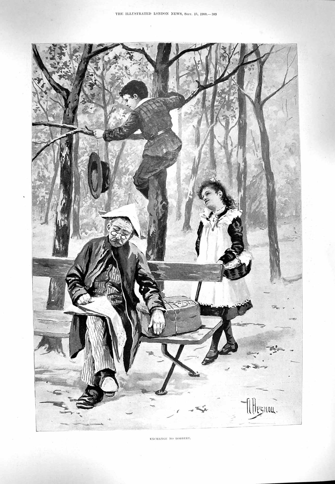 Original Old Antique Print 1900 Children Playing Trees Man Hat Exchange Robbery