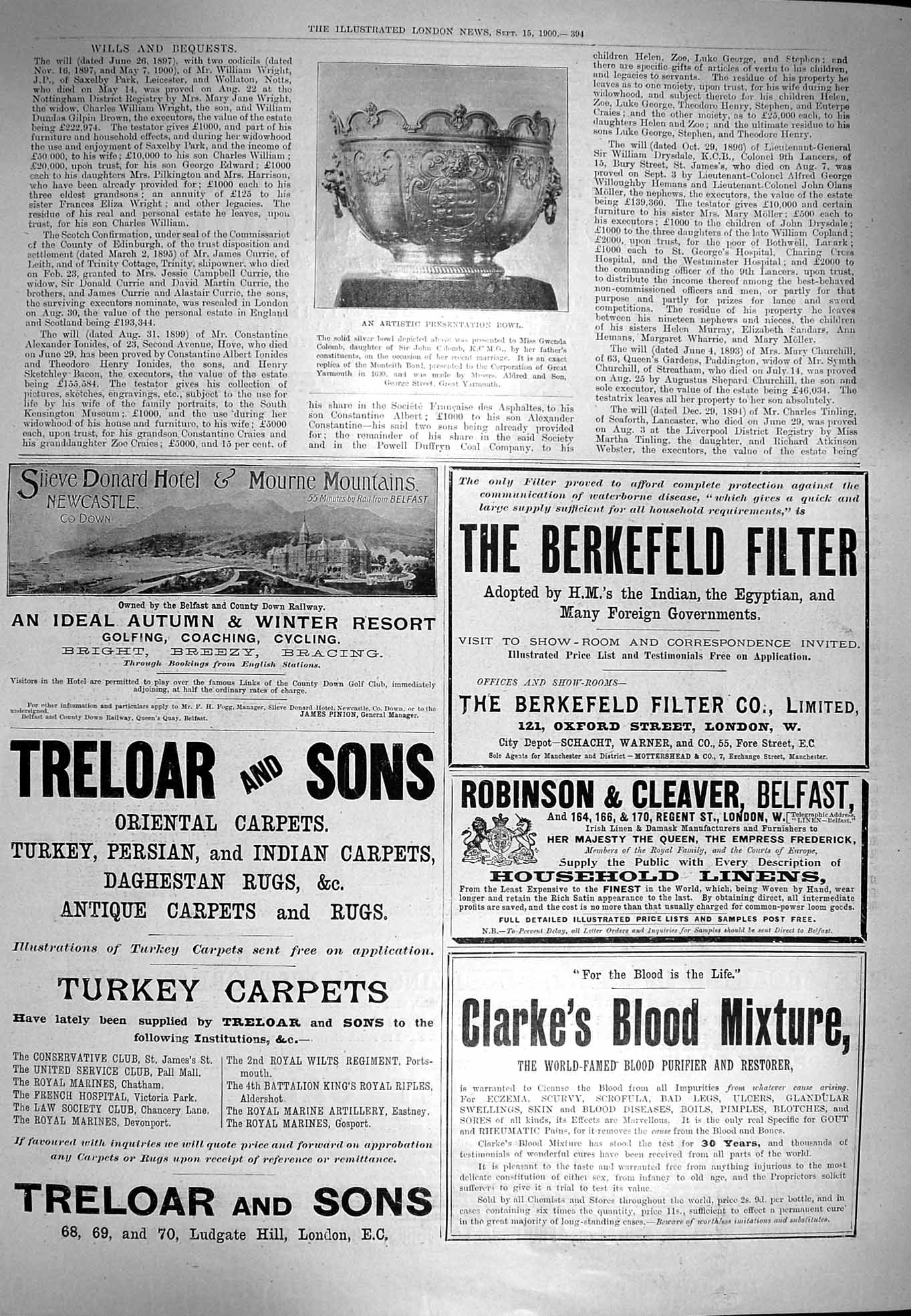 Original Old Antique Print 1900 Presentation Bowl Slieve Donard Hotel Mourne