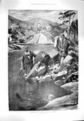 Original Old Antique Print 1900 Salmon Fishing River Scotland Men Fish Stewart