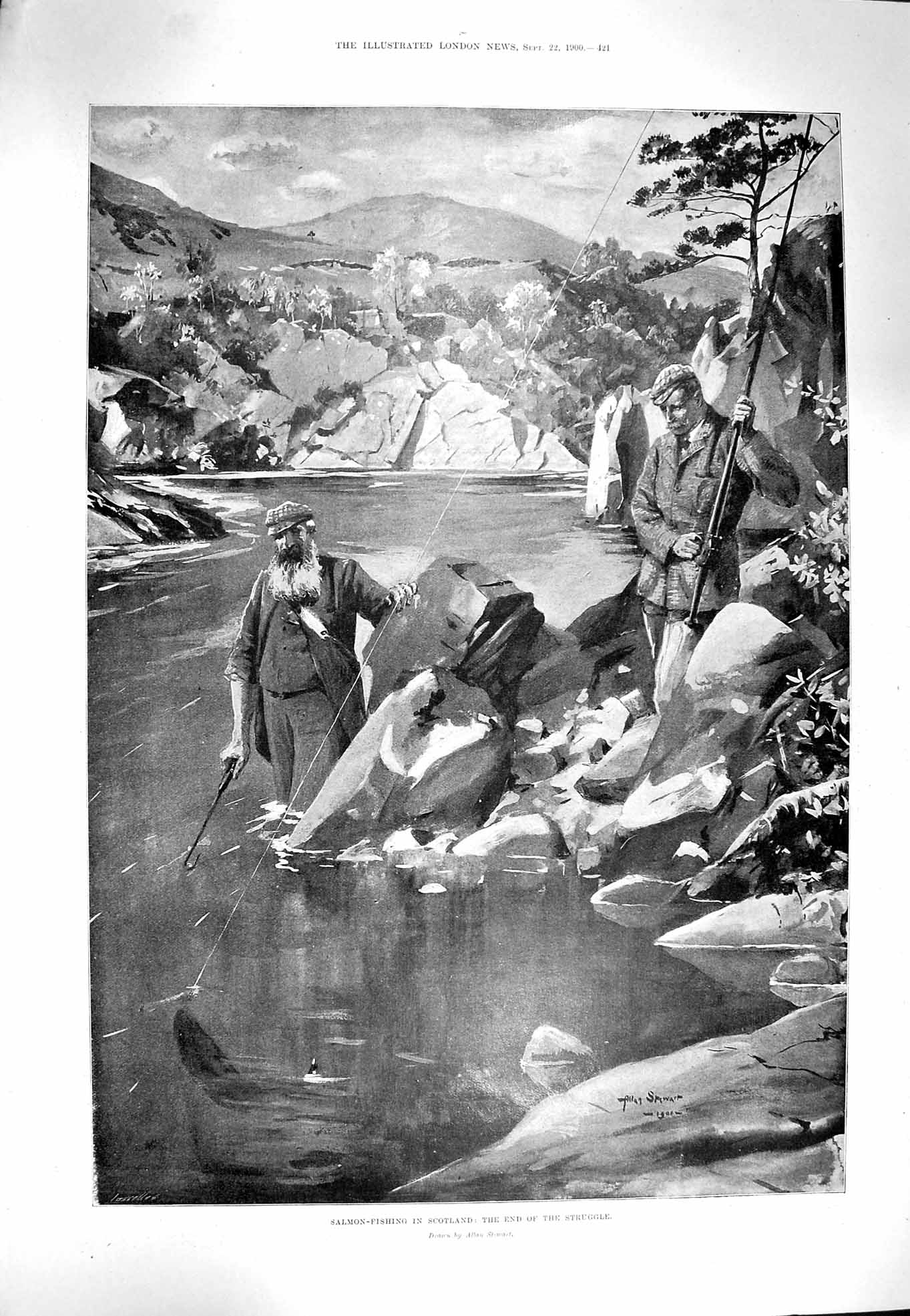 Original Old Antique Print 1900 Salmon Fishing River Scotland Men Fish Stewart