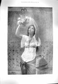 Original Old Antique Print 1900 Roses Beautiful Woman Flowers Fine Art 20th