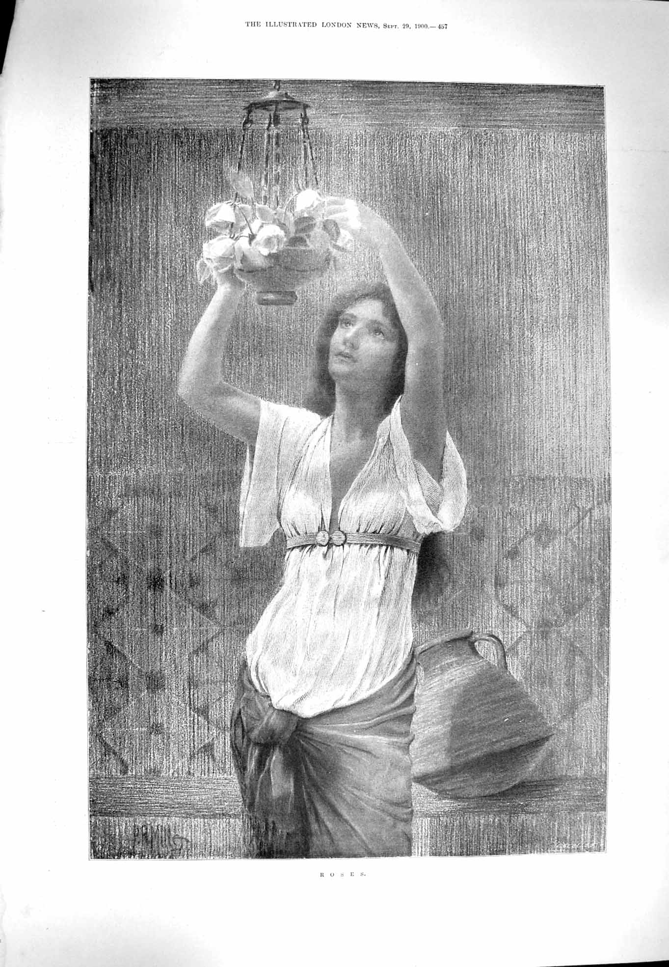 Original Old Antique Print 1900 Roses Beautiful Woman Flowers Fine Art 20th