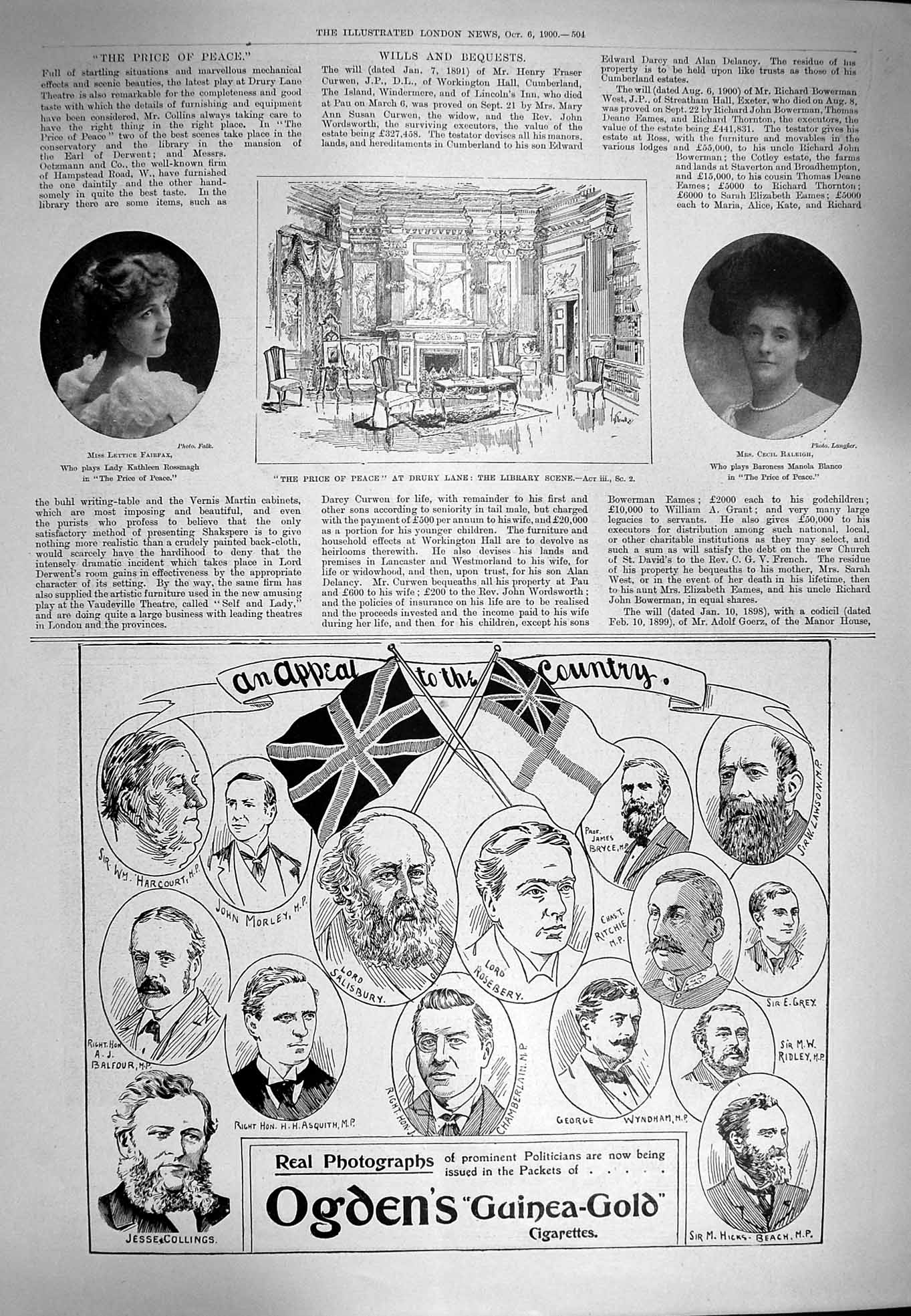 Old Antique Print 1900 Fairfax Raleigh Drury Theatre Asquith Rosbery Grey 20th