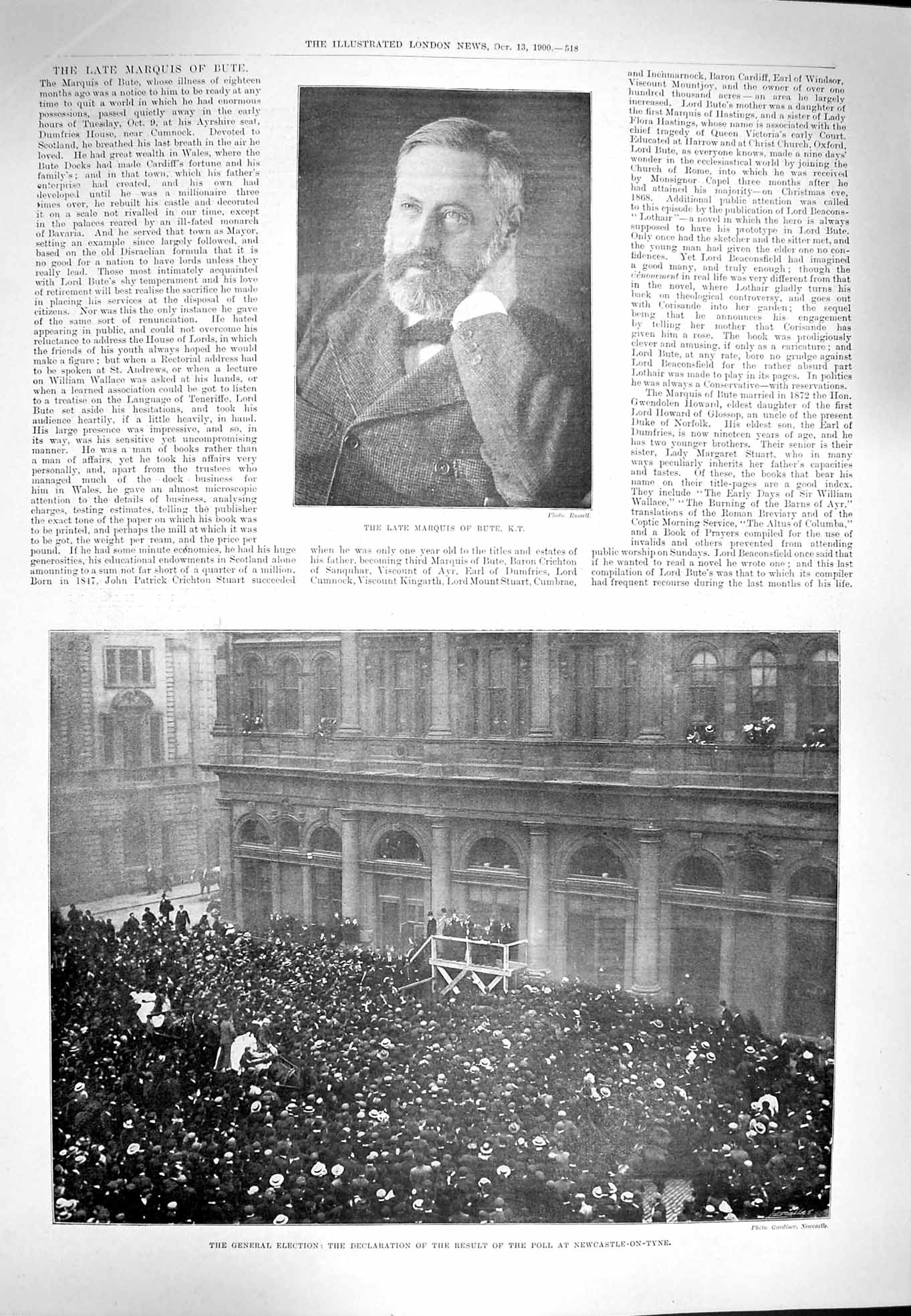 Original Old Antique Print 1900 Marquis Bute Election Newcastle-On-Tyne Poll