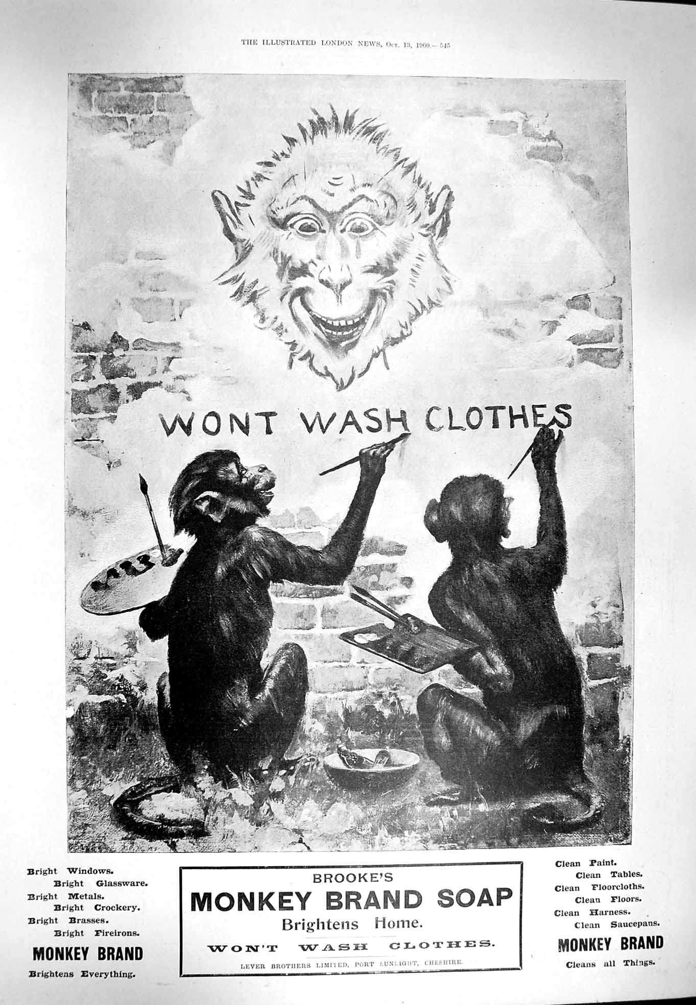 Antique Old Print 1900 Advertisement Monkey Brand Soap Lever Brothers Ref.3