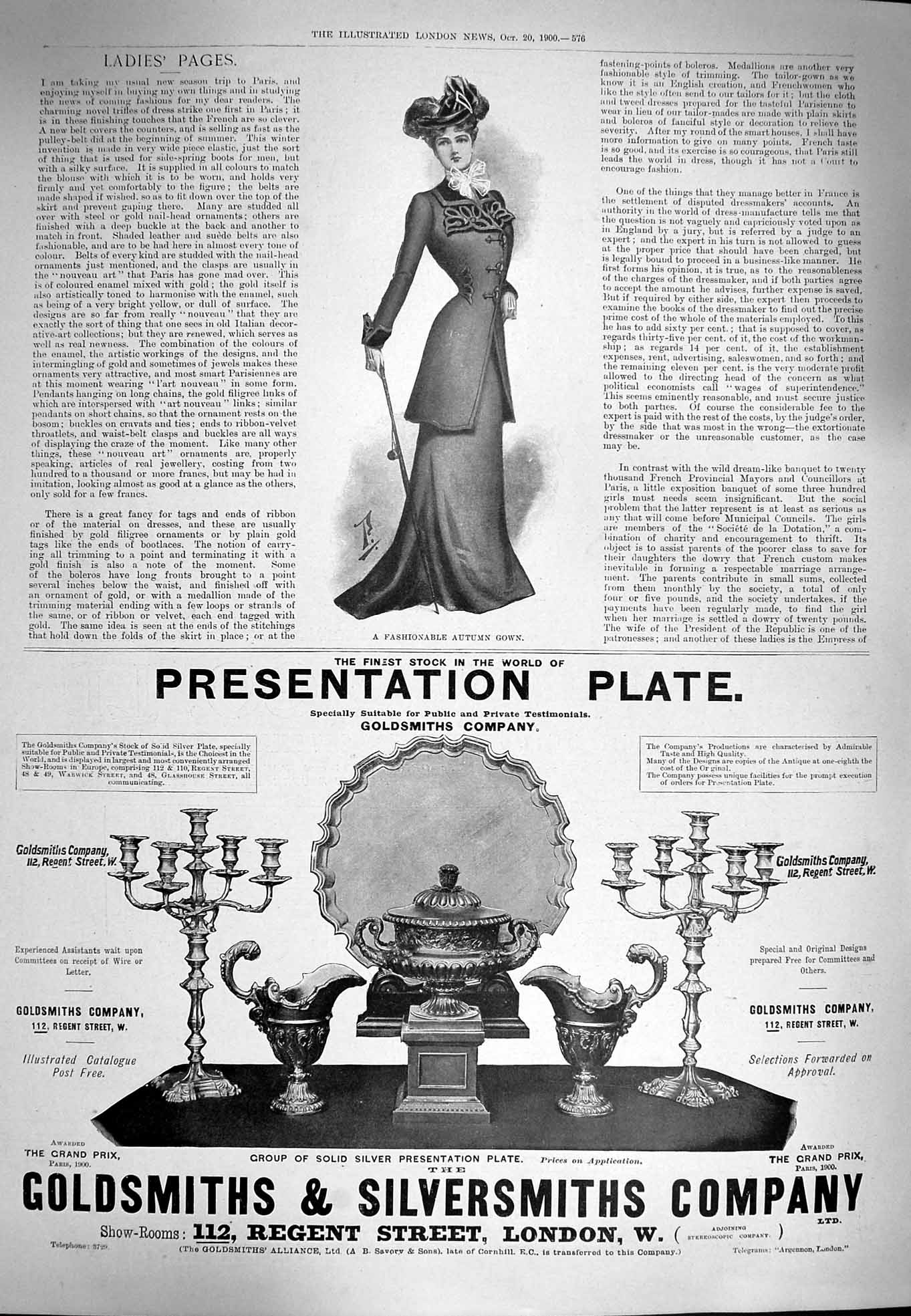 Original Old Antique Print 1900 Ladies Fashion Autumn Gown Gsmith Silversmith