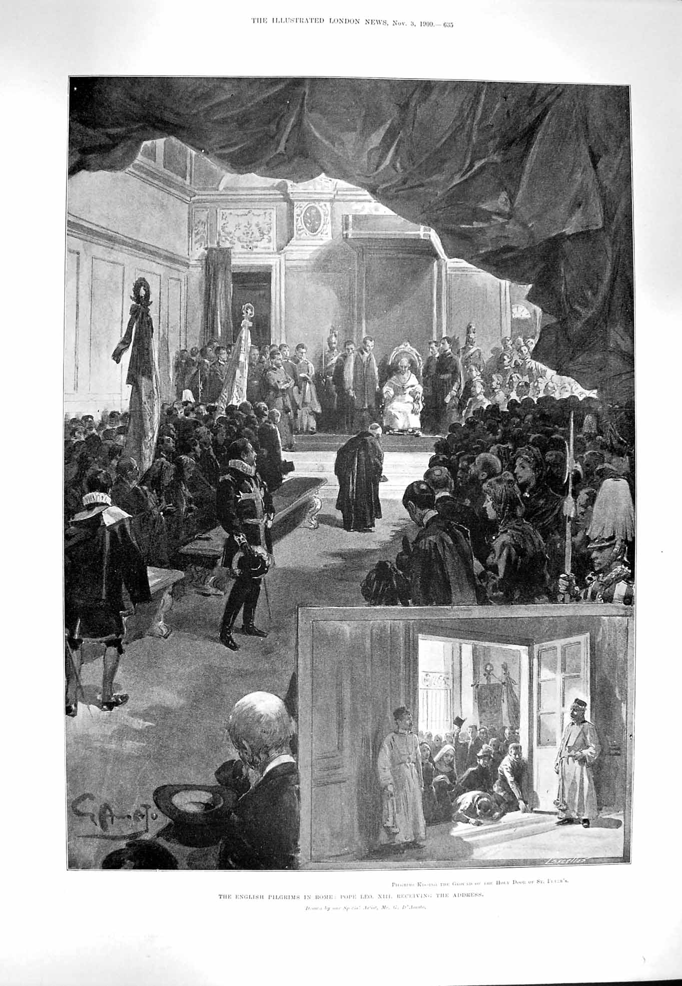 Original Old Antique Print 1900 English Pilgrims Rome Pope Leo Xiii St. Peters