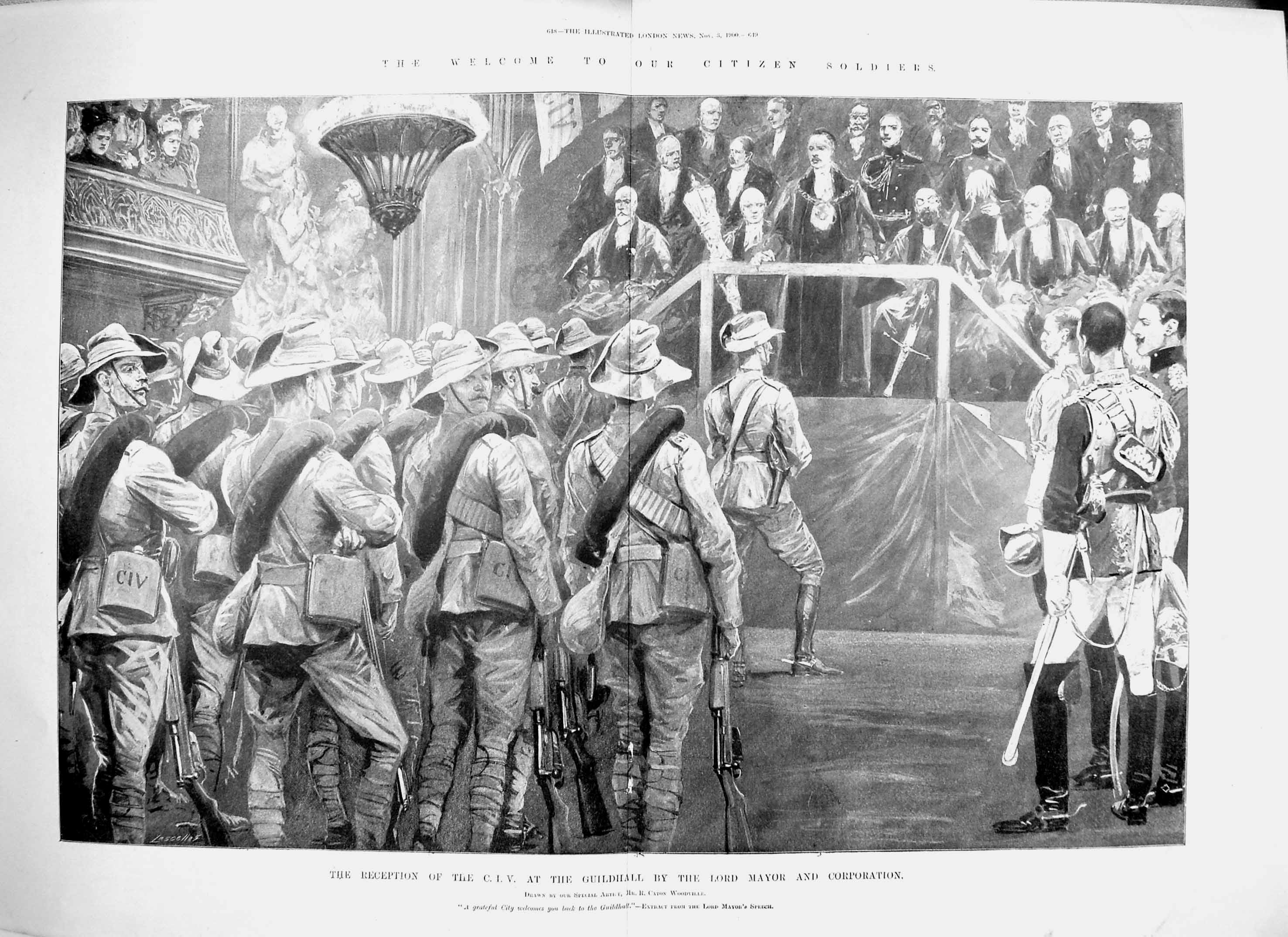 Original Old Antique Print 1900 C.I.V. Guildhall Mayor Siers War Trafalgar