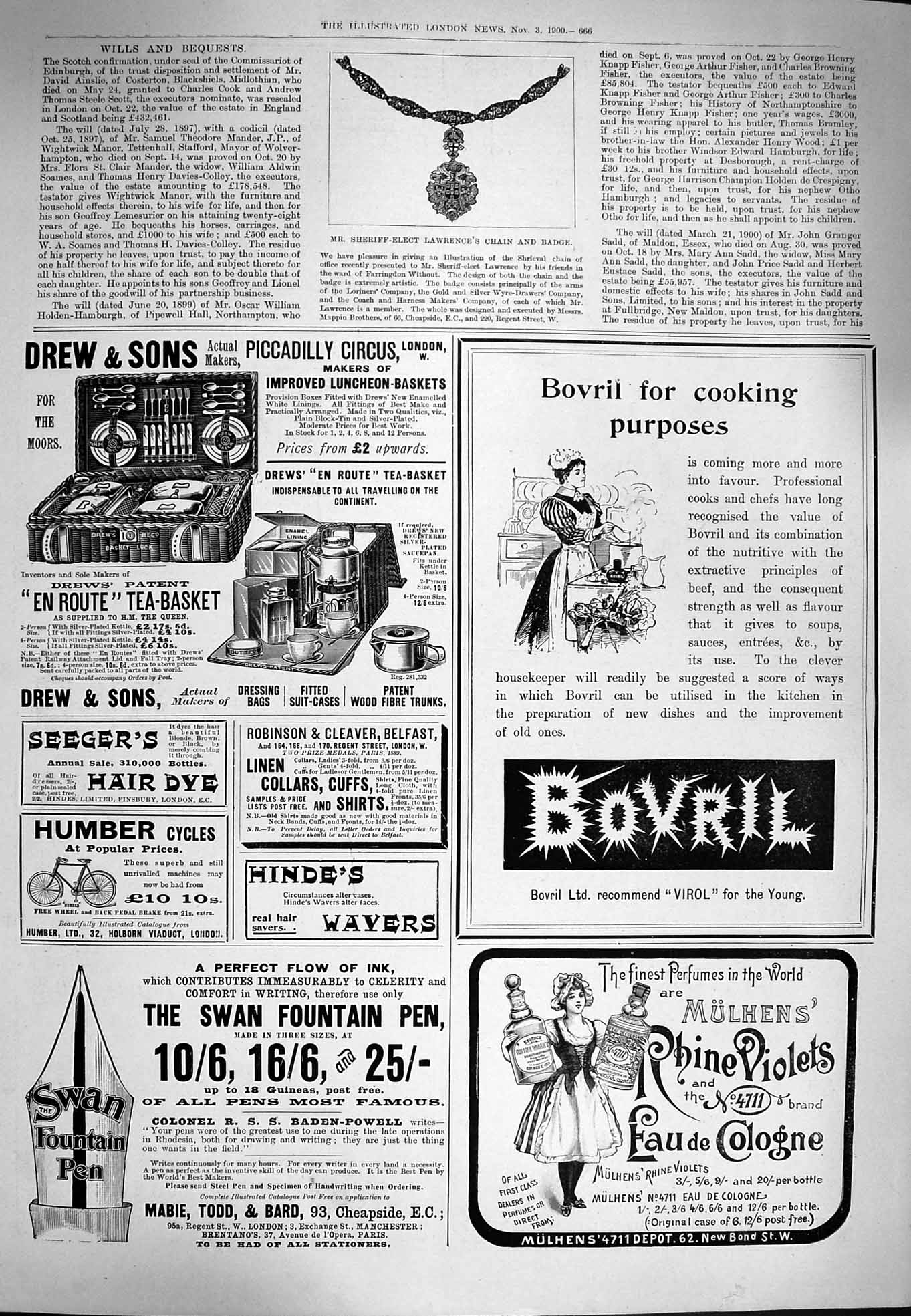 Original Old Antique Print 1900 Sherrif-Elect Lawrence Chain Badge Bovril Pen