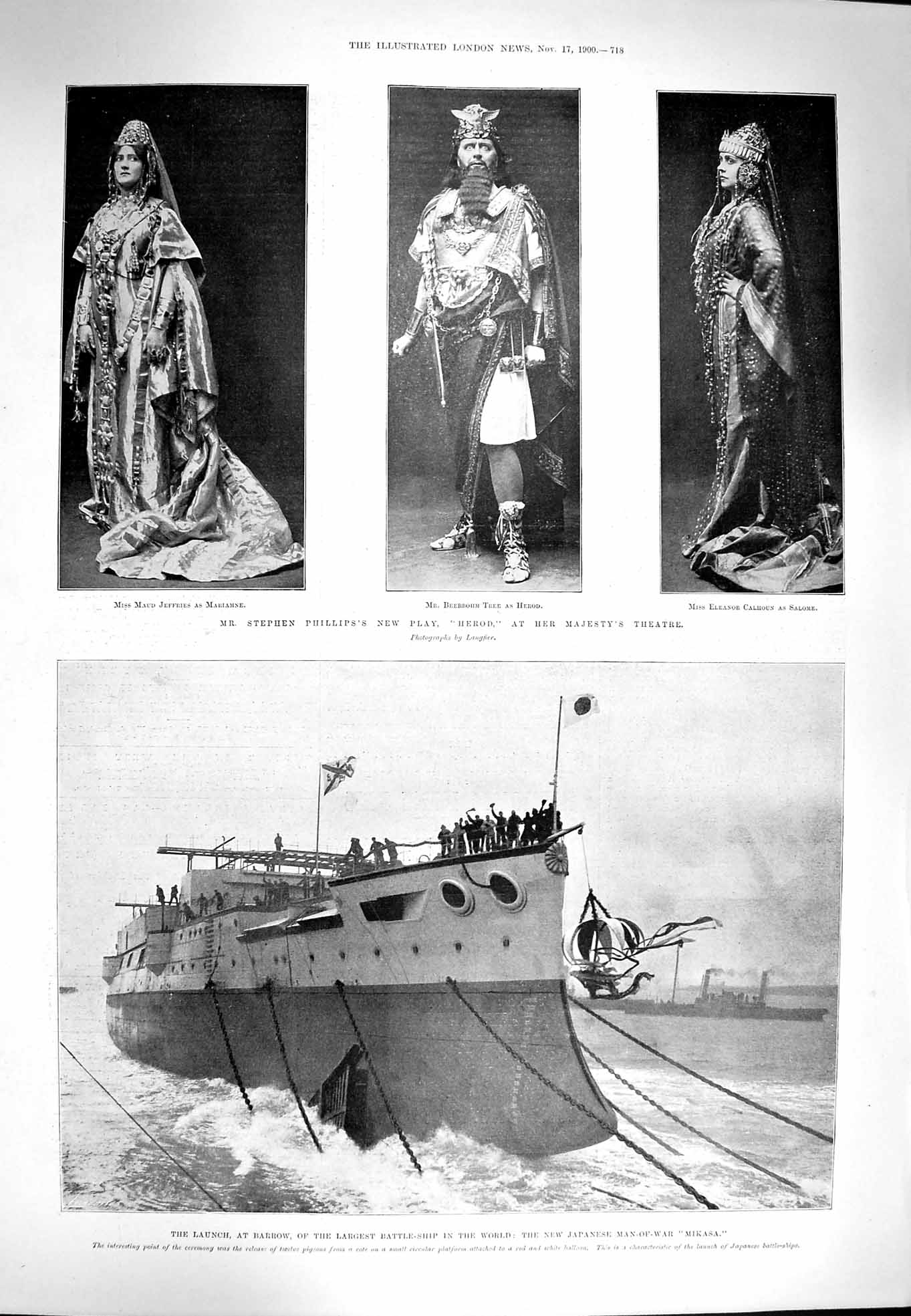 Original Old Antique Print 1900 Barrow Japan Ship Mikasa Theatre Jeffries Herod