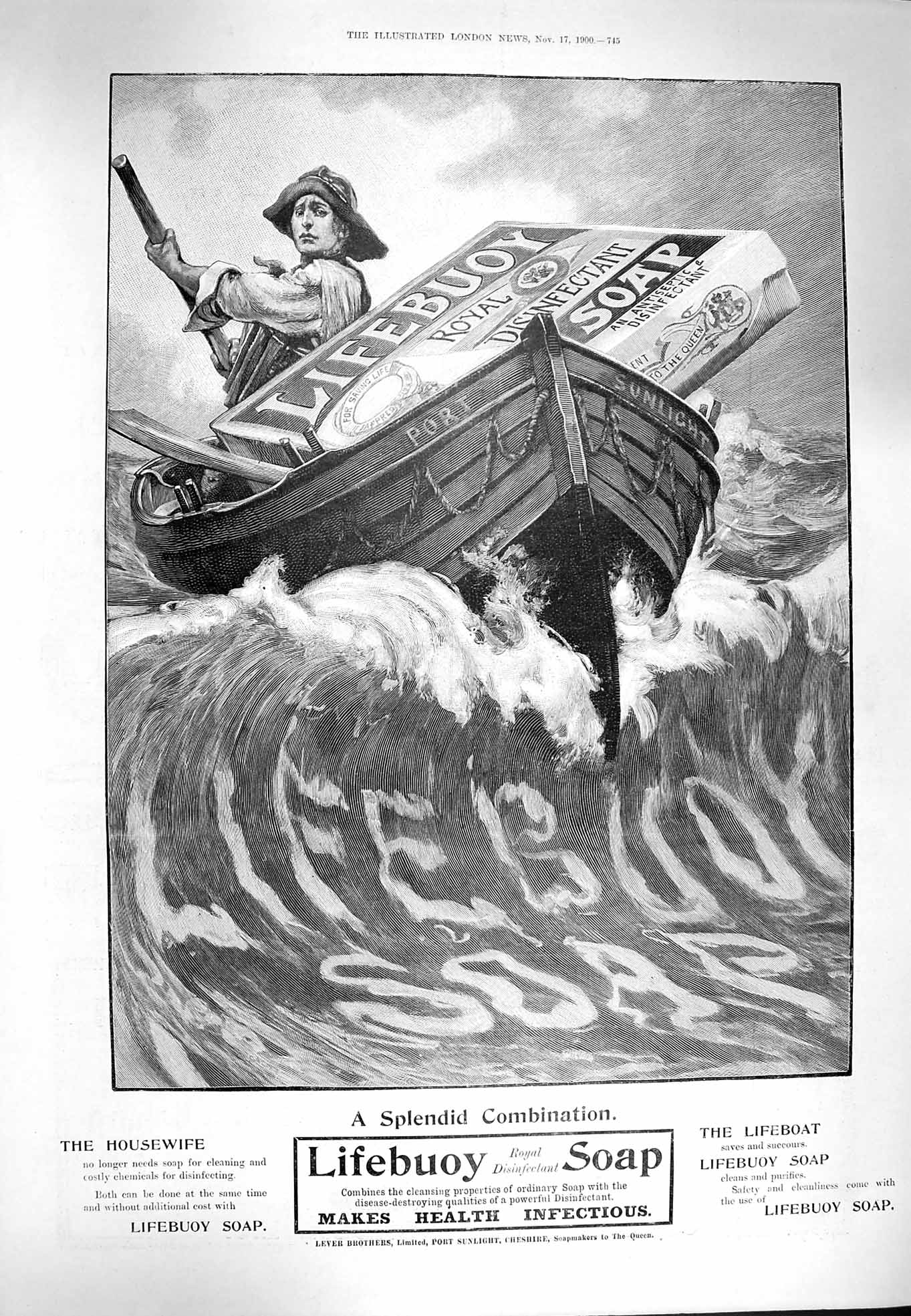 Original Old Antique Print 1900 Advertisement Lifebuoy Soap Lever Brothers Boat