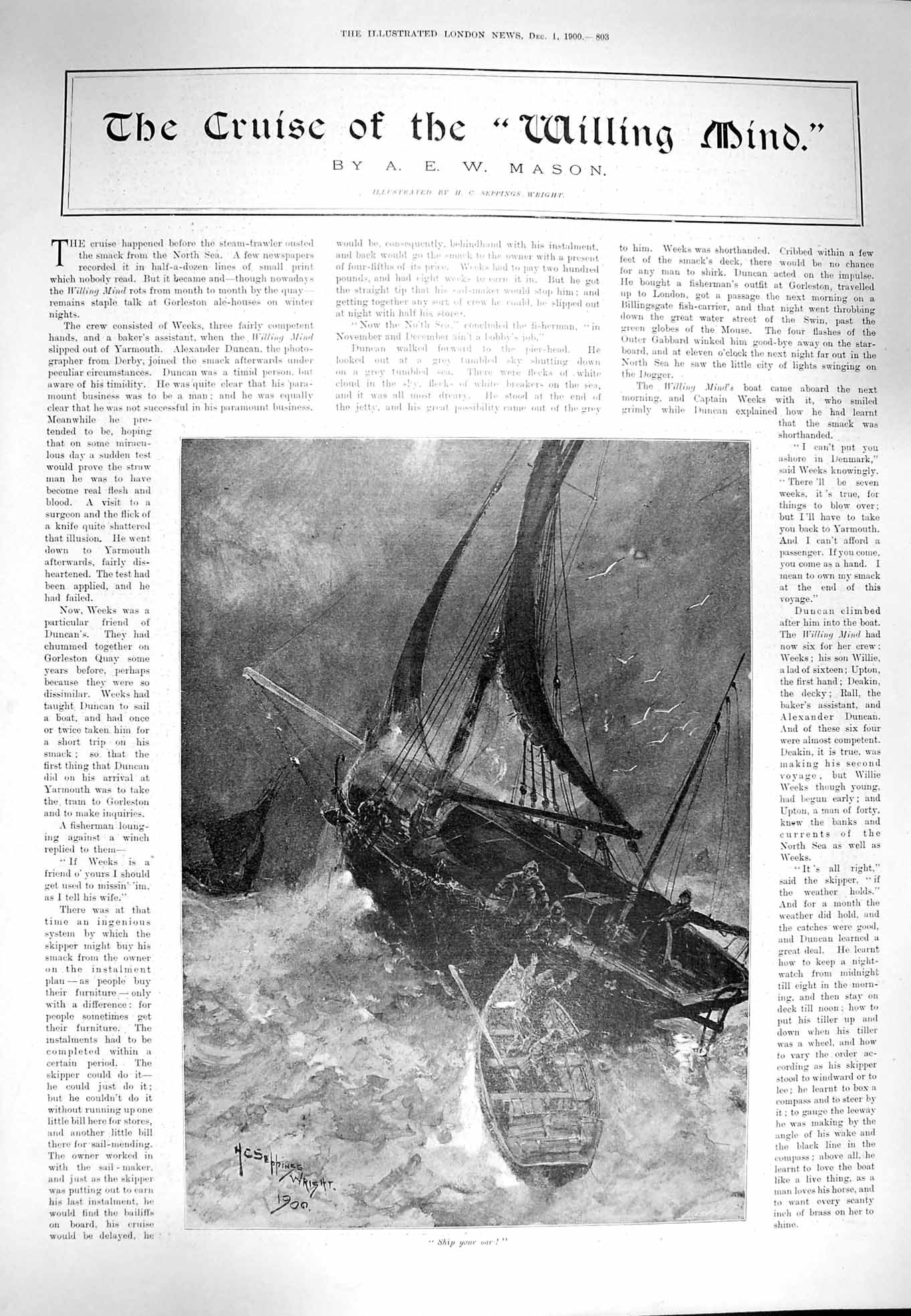 Old Antique Print 1900 Story Illustration Cruise Willing Mind Ship Boat 20th
