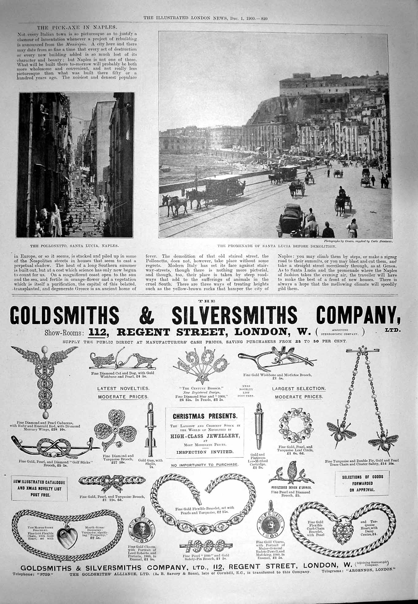 Original Old Antique Print 1900 Pollonetto Santa Lucia Naples Promenade Gsmith