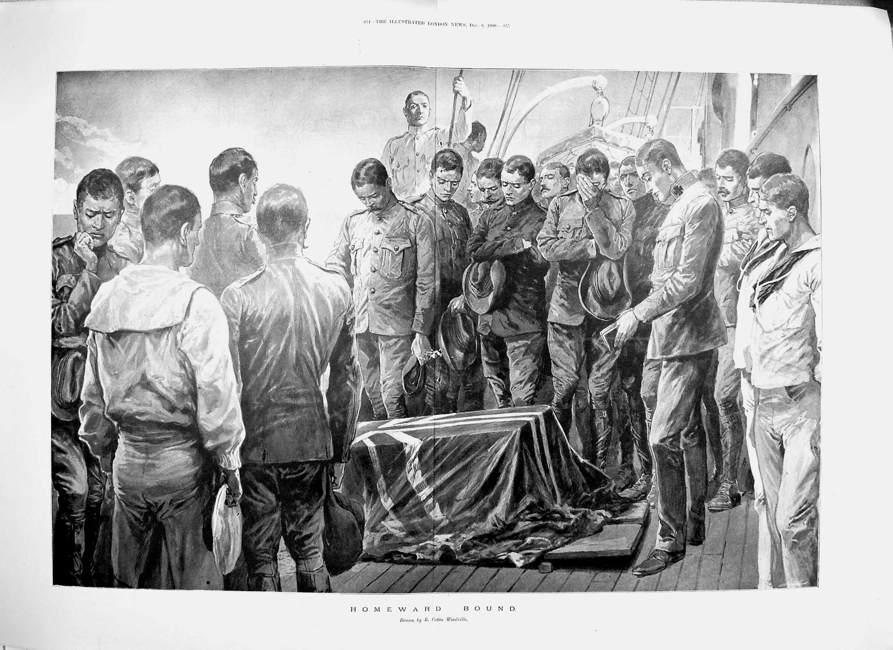Original Old Antique Print 1900 Homeward Bound Funeral Siers Sea Ship War 20th