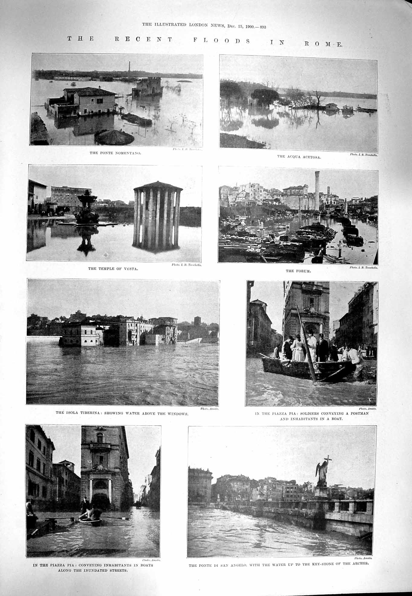 Original Old Antique Print 1900 Floods Rome Ponte San Angelo Forum Tiberina