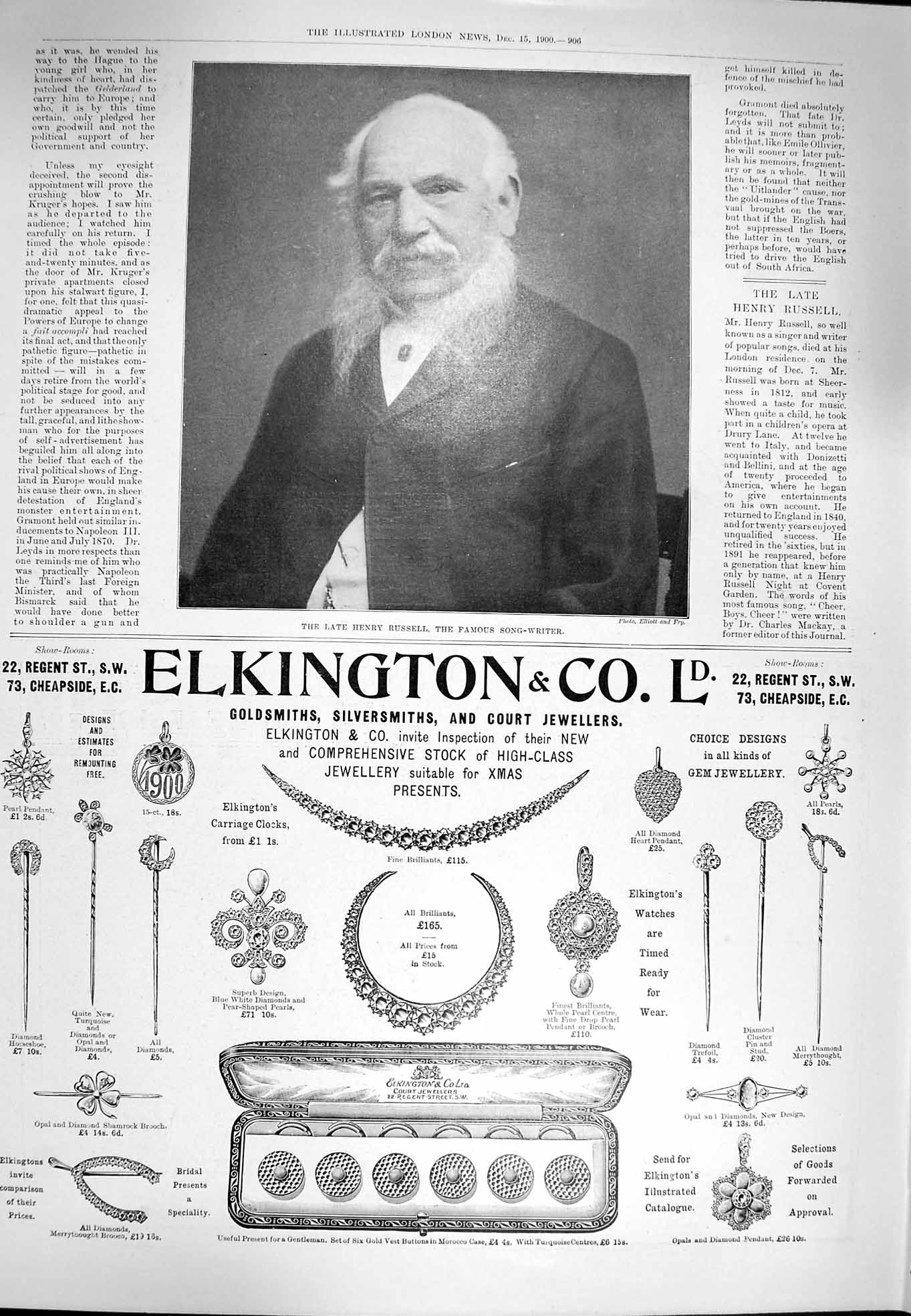 Original Old Antique Print 1900 Henry Russell Song-Writer Elkington Jewellers