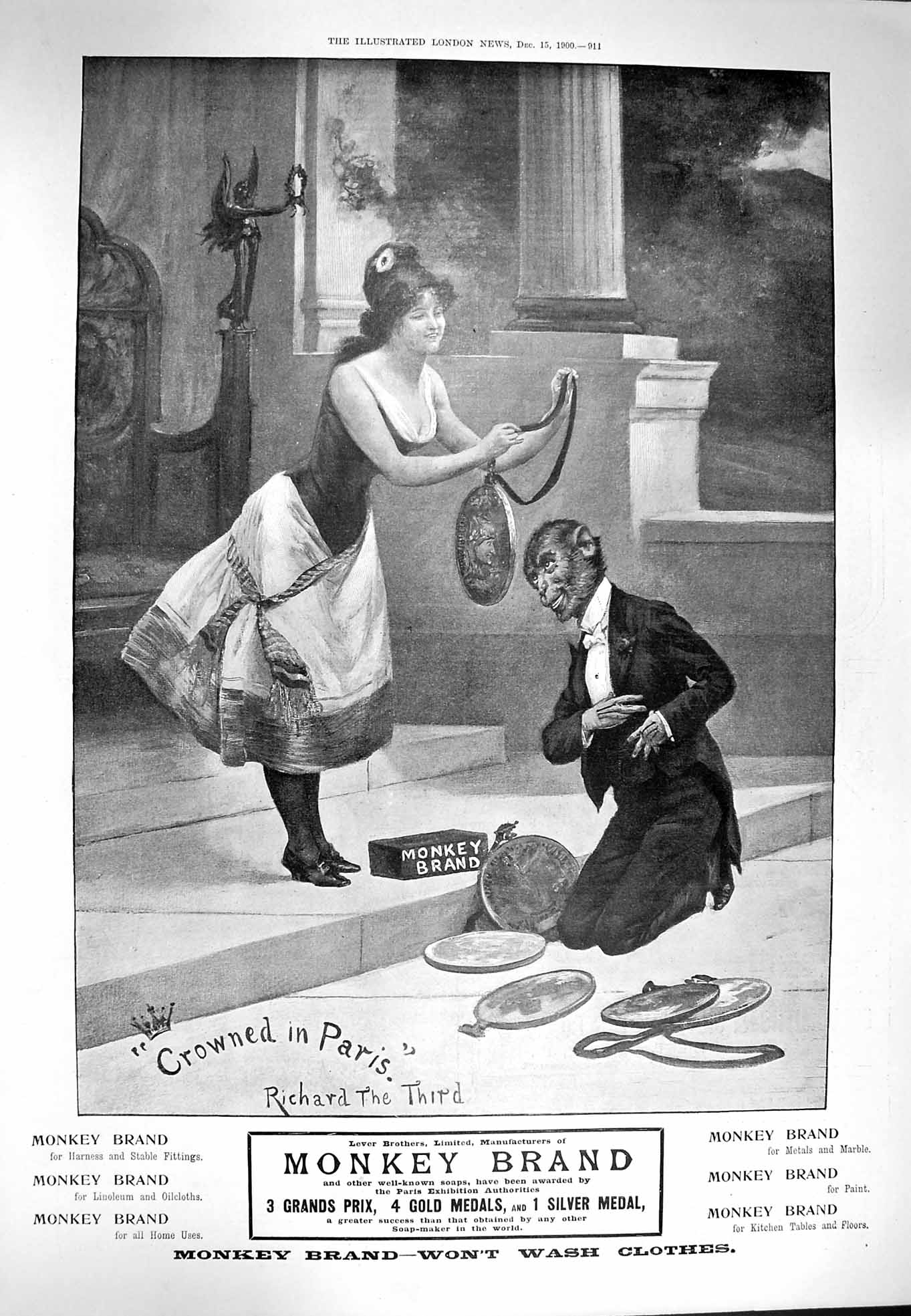 Antique Old Print 1900 Advertisement Monkey Brand Soap Lever Brothers Ref.4