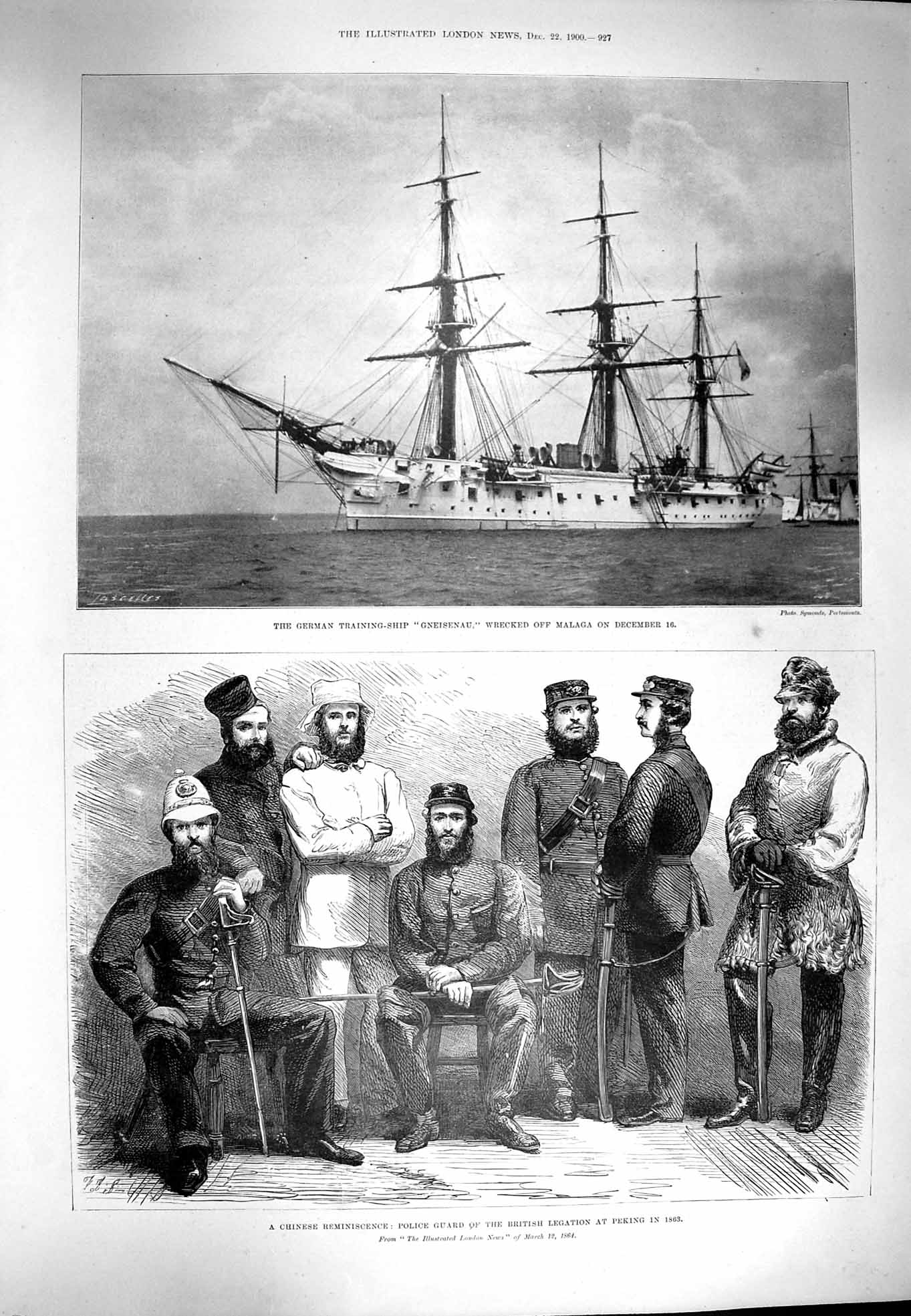 Old Antique Print 1900 German Training Ship Gneisenau Peking Police Guard 20th
