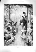 Original Old Antique Print 1900 Paradise Santa Claus Toy Shop Young Girl Lady