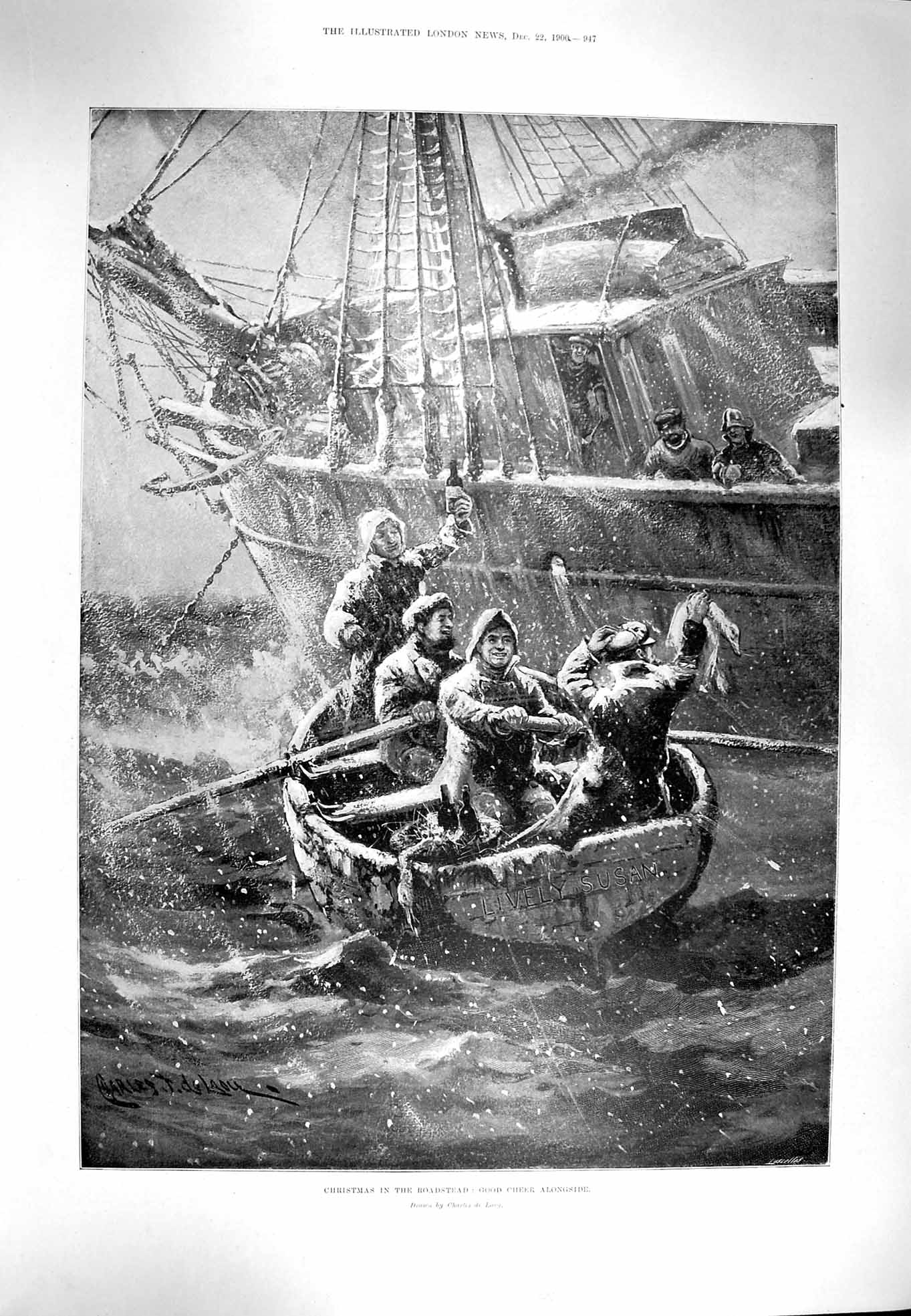 Original Old Antique Print 1900 Christmas Ship Boat Roadstead Injured Sier War