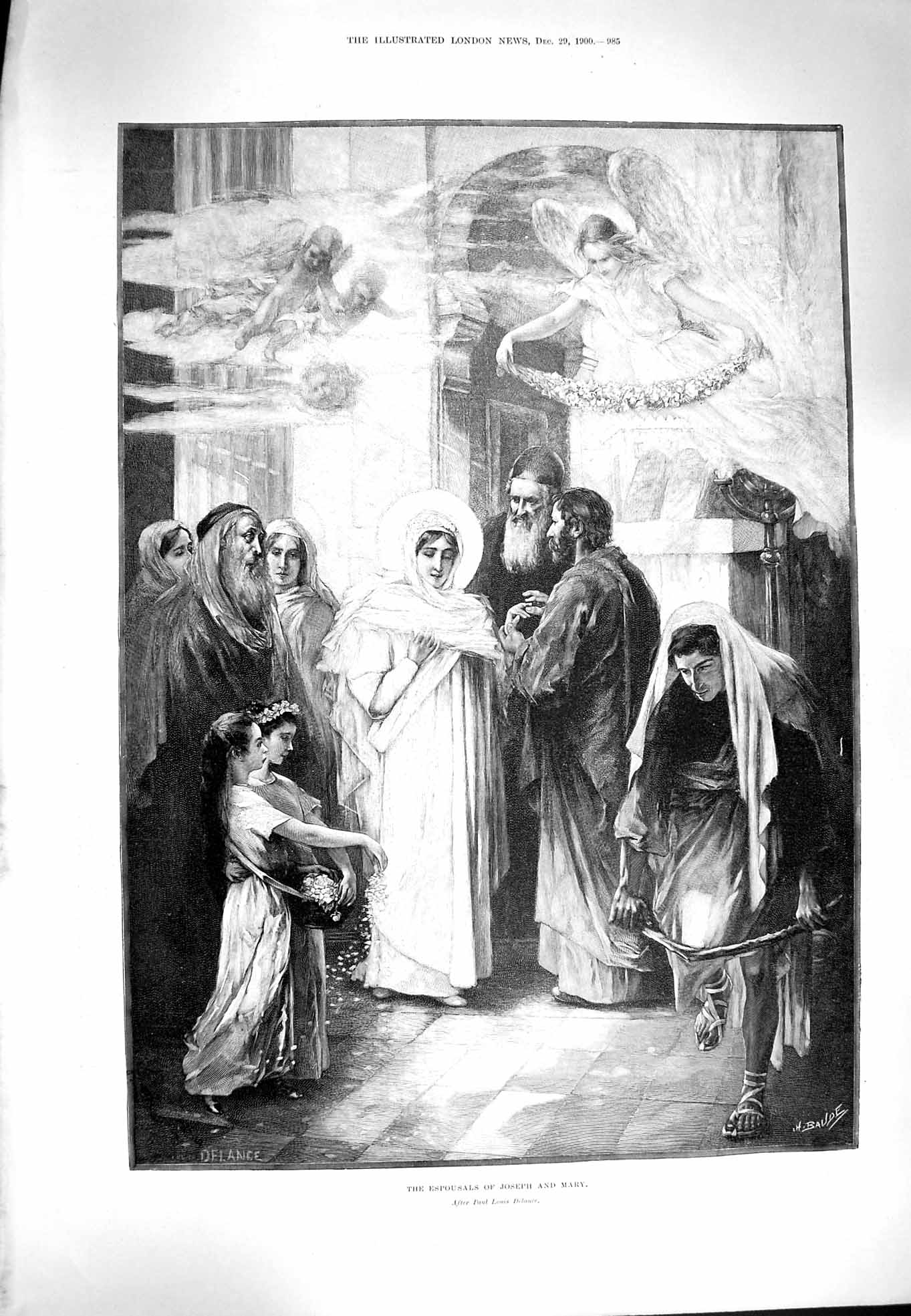 Original Old Antique Print 1900 Scene Espousals Joseph Mary Angels Religion