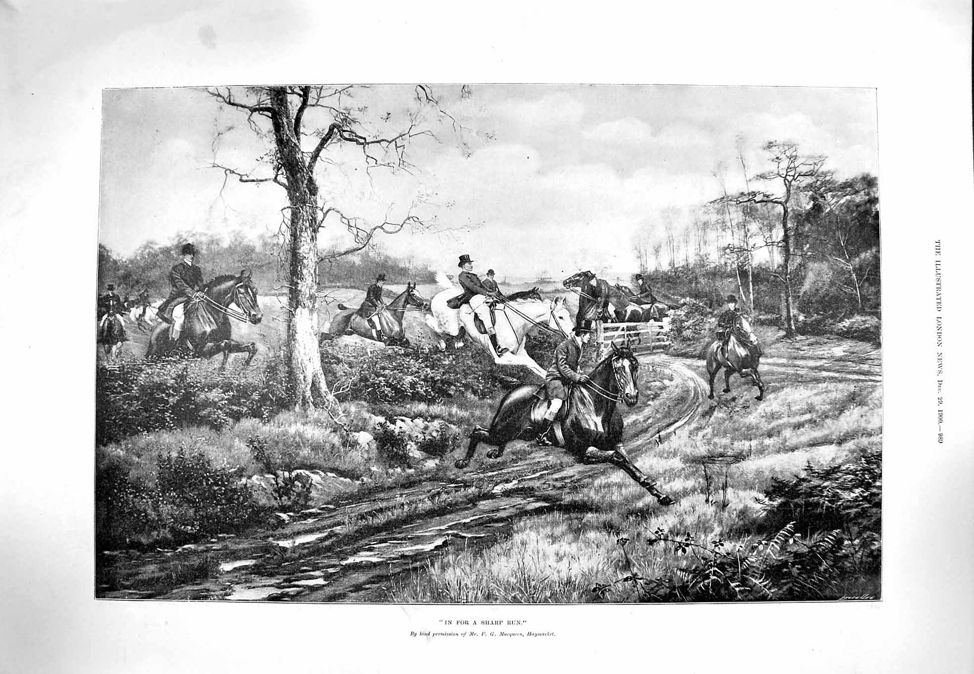 Original Old Antique Print 1900 Horses Jumping Ditch Fox Hunting Sport Country
