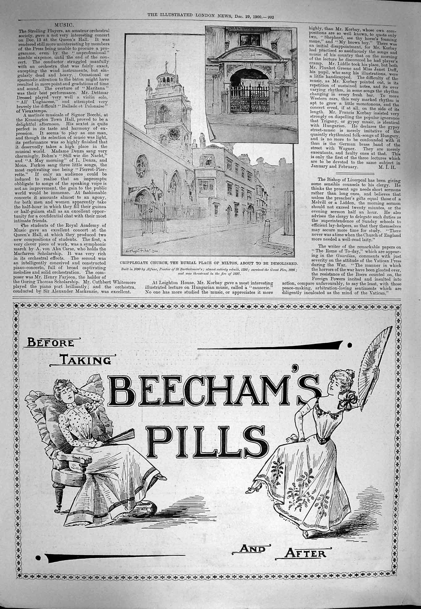 Original Old Antique Print 1900 Cripplegate Church Milton Beechams Pills Advert
